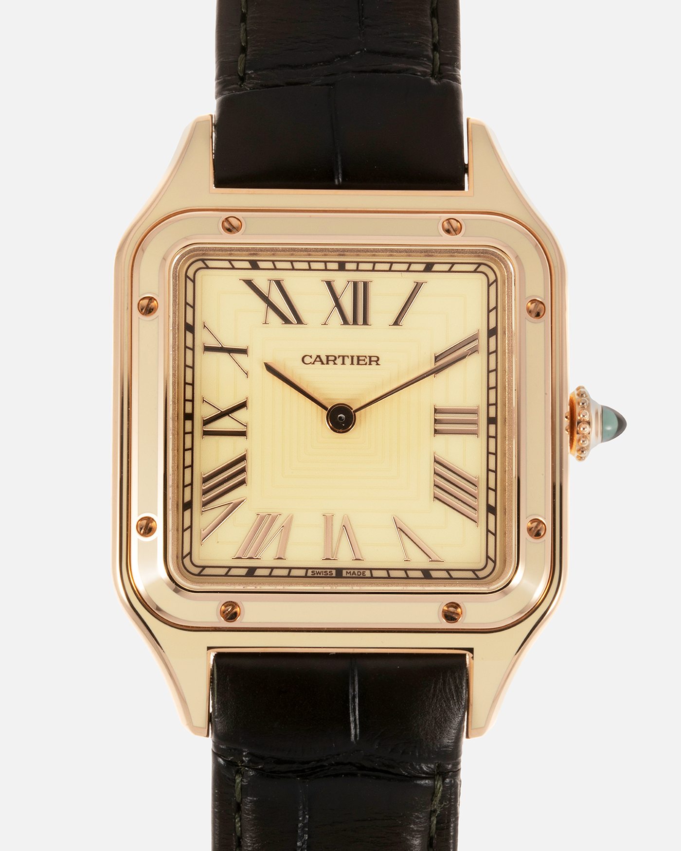 Brand: Cartier Year: 2023 Model: Santos-Dumont Large Material: 18-carat Rose Gold, Beige Lacquer Movement: Cartier Cal. 430 MC, Manual-Winding Case Diameter: 43.5mm x 31.4mm Bracelet / Strap: Cartier Black Alligator Leather Strap with Signed 18-carat Rose Gold Tang Buckle