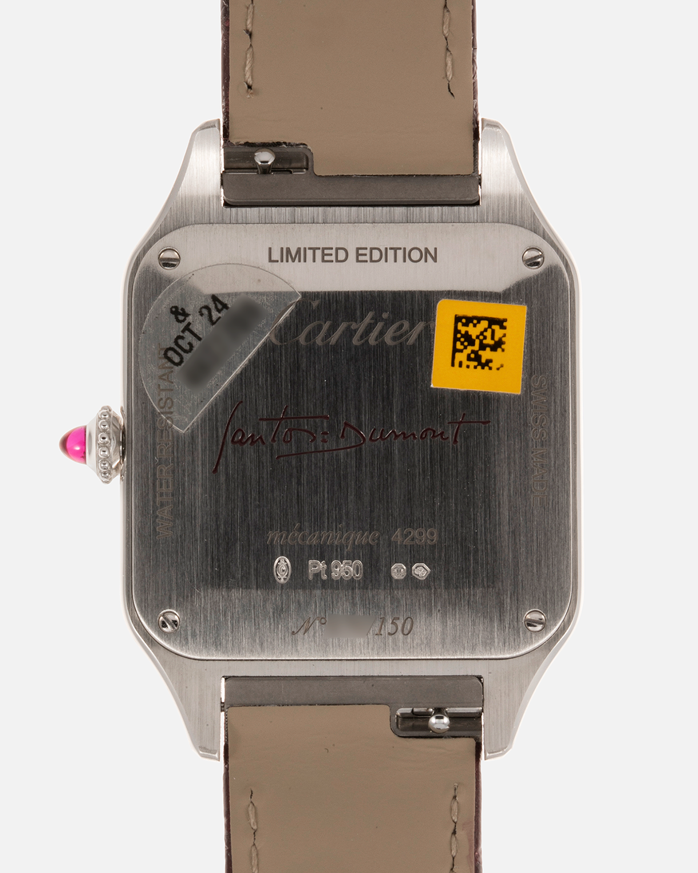 Brand: Cartier Year: 2022 Model: Santos-Dumont Large Limited Edition of 150 pieces Material: Platinum, Burgundy Lacquer Movement: Cartier Cal. 430 MC, Manual-Winding Case Diameter: 43.5mm x 31.4mm Bracelet / Strap: Cartier Burgundy Alligator Leather Strap with Signed Platinum Tang Buckle