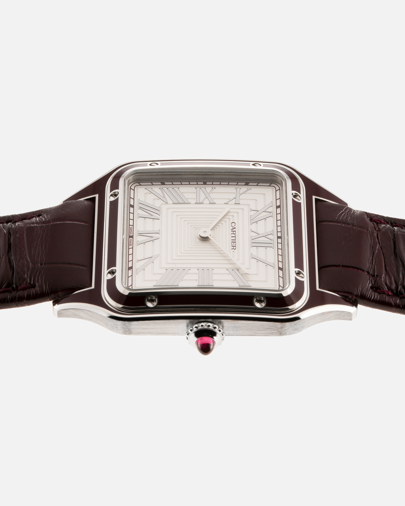 Brand: Cartier Year: 2022 Model: Santos-Dumont Large Limited Edition of 150 pieces Material: Platinum, Burgundy Lacquer Movement: Cartier Cal. 430 MC, Manual-Winding Case Diameter: 43.5mm x 31.4mm Bracelet / Strap: Cartier Burgundy Alligator Leather Strap with Signed Platinum Tang Buckle