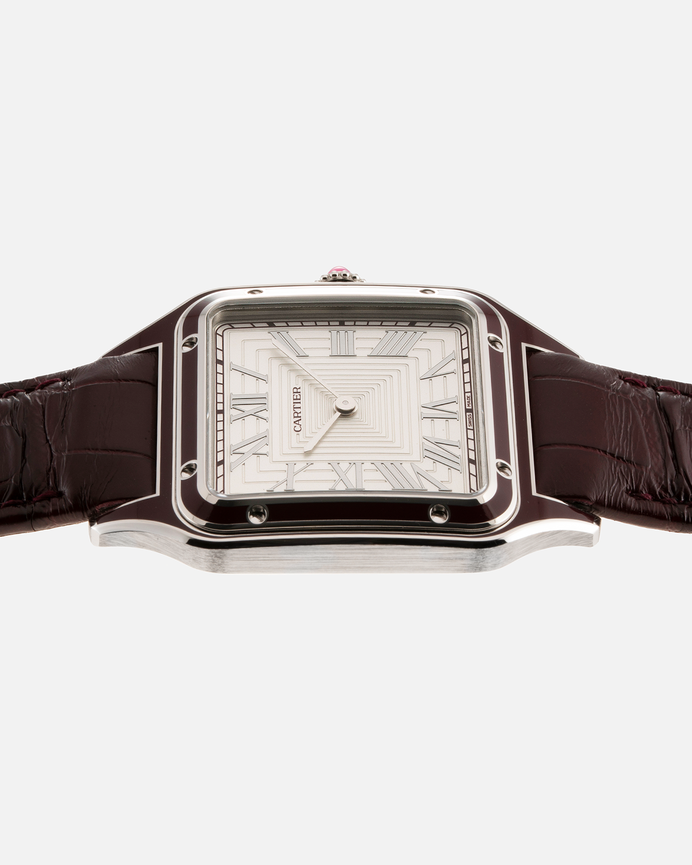 Brand: Cartier Year: 2022 Model: Santos-Dumont Large Limited Edition of 150 pieces Material: Platinum, Burgundy Lacquer Movement: Cartier Cal. 430 MC, Manual-Winding Case Diameter: 43.5mm x 31.4mm Bracelet / Strap: Cartier Burgundy Alligator Leather Strap with Signed Platinum Tang Buckle