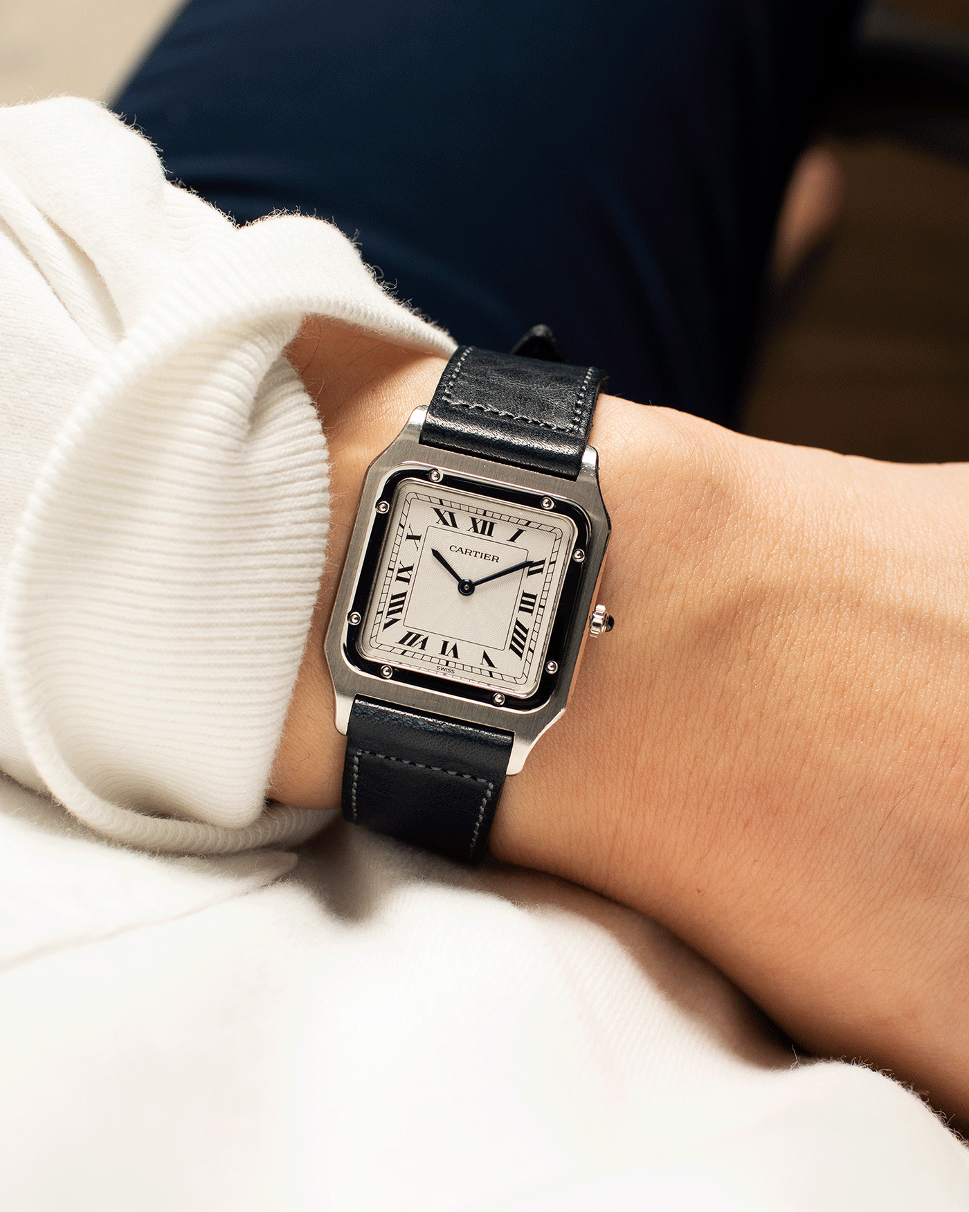Brand: Cartier Year: 1990s Model: Santos Dumont Reference: 1575 Material: Platinum Movement: F.Piguet 21 Case Diameter: 27mm Strap: Accurate Form Navy Blue Japanese Calf and 18k White Gold Cartier Tang Buckle