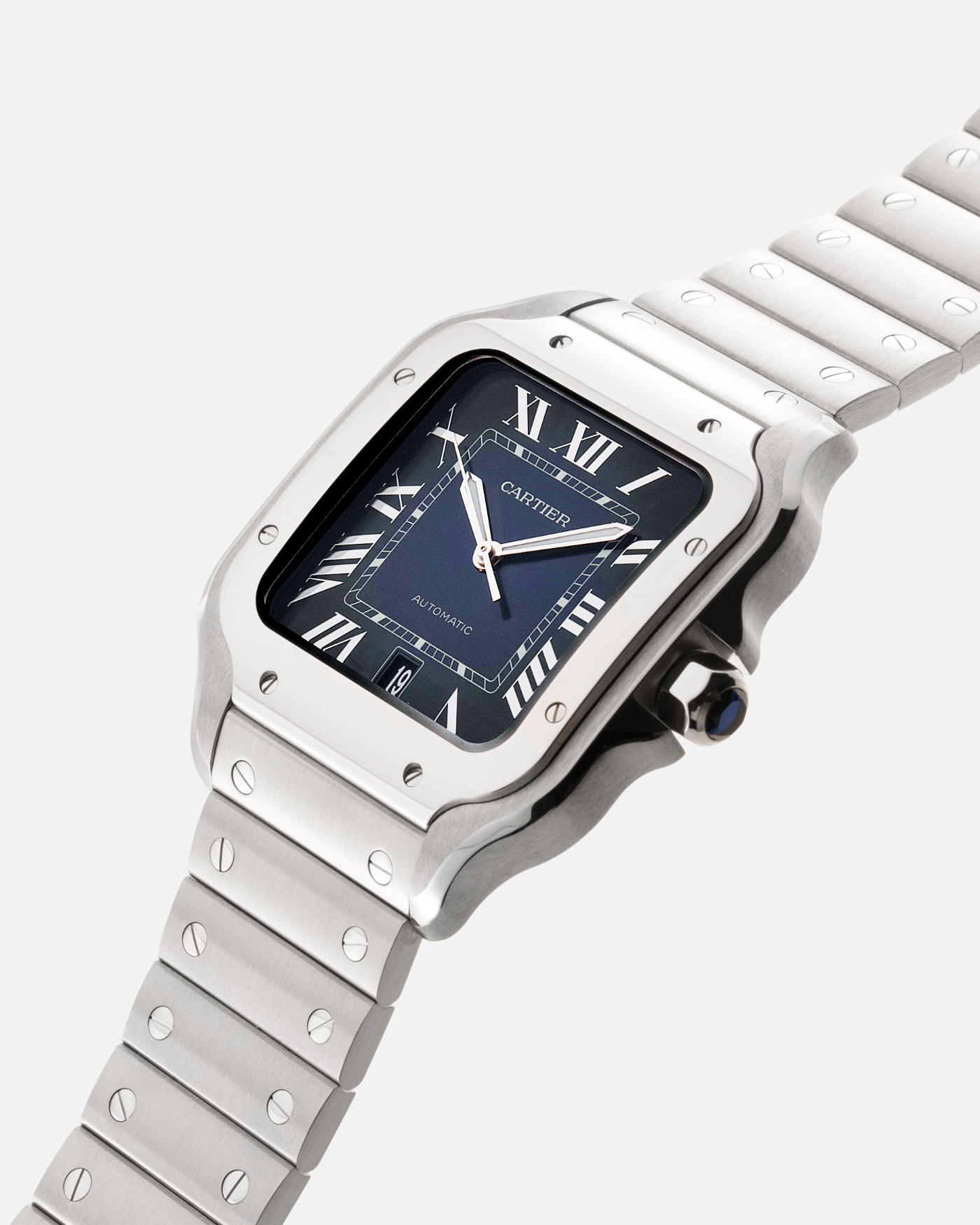Brand: Cartier Year: 2021 Model: Santos de Cartier Material: Stainless Steel Movement: Cartier 1847 MC Case Diameter: 39.8mm Strap: Cartier Santos Stainless Steel Bracelet and Blue Cartier Strap