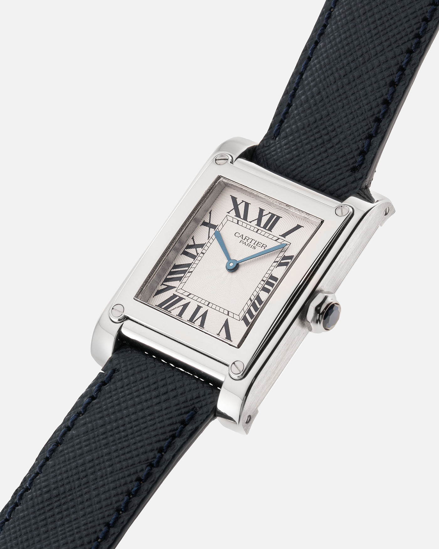 Brand: Cartier Year: 2000’s Model: Tank A Vis Material: Platinum Movement: Cartier 437MC Case Diameter: 26mm X 39mm Strap: Molequin Navy Blue Textured Calf and 18k White Gold Deployant Clasp