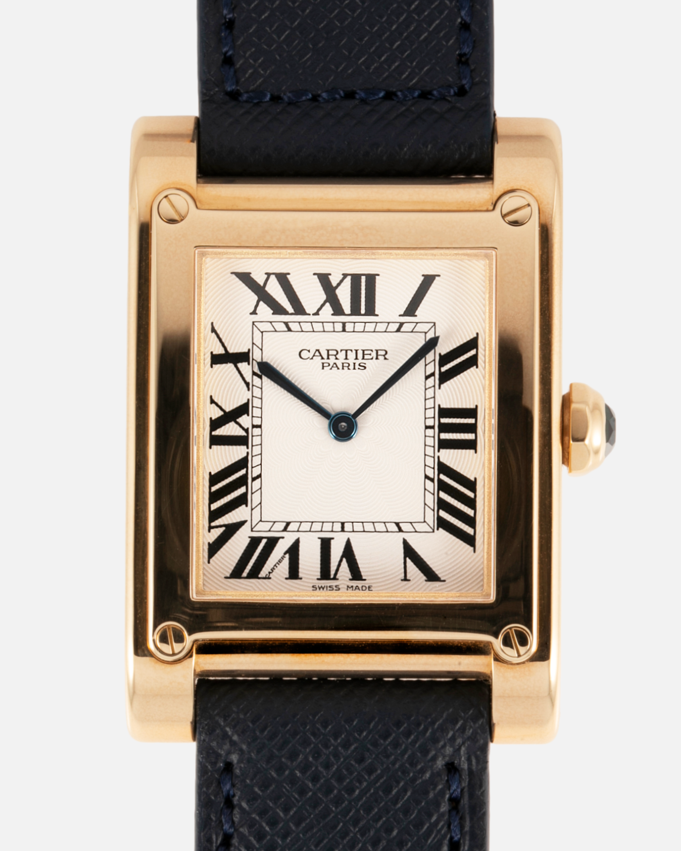 Brand: Cartier Year: 2000’s Model: Tank A Vis Material: 18k Yellow Gold Movement: Cartier 437MC Case Diameter: 26mm X 39mm Strap: Molequin Navy Blue Textured Calf and 18k Yellow Gold Deployant Clasp