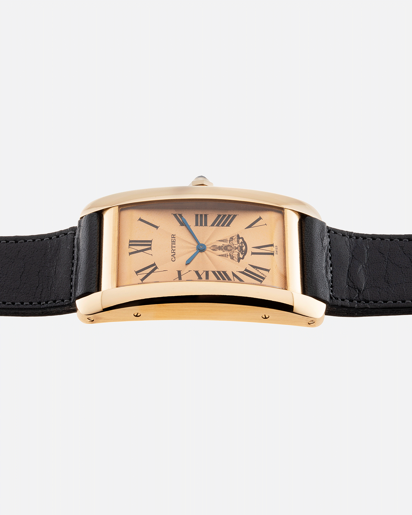 Brand: Cartier Year: 1996 Model: Tank Americaine ‘Thai King’ Reference: 1735 Material: 18k Yellow Gold Movement: Cartier Caliber 430 MC Case Diameter: 45mm X26mm Strap: Navy Blue Accurate Form Calf Strap with separate 18k Cartier Yellow Gold Deployant