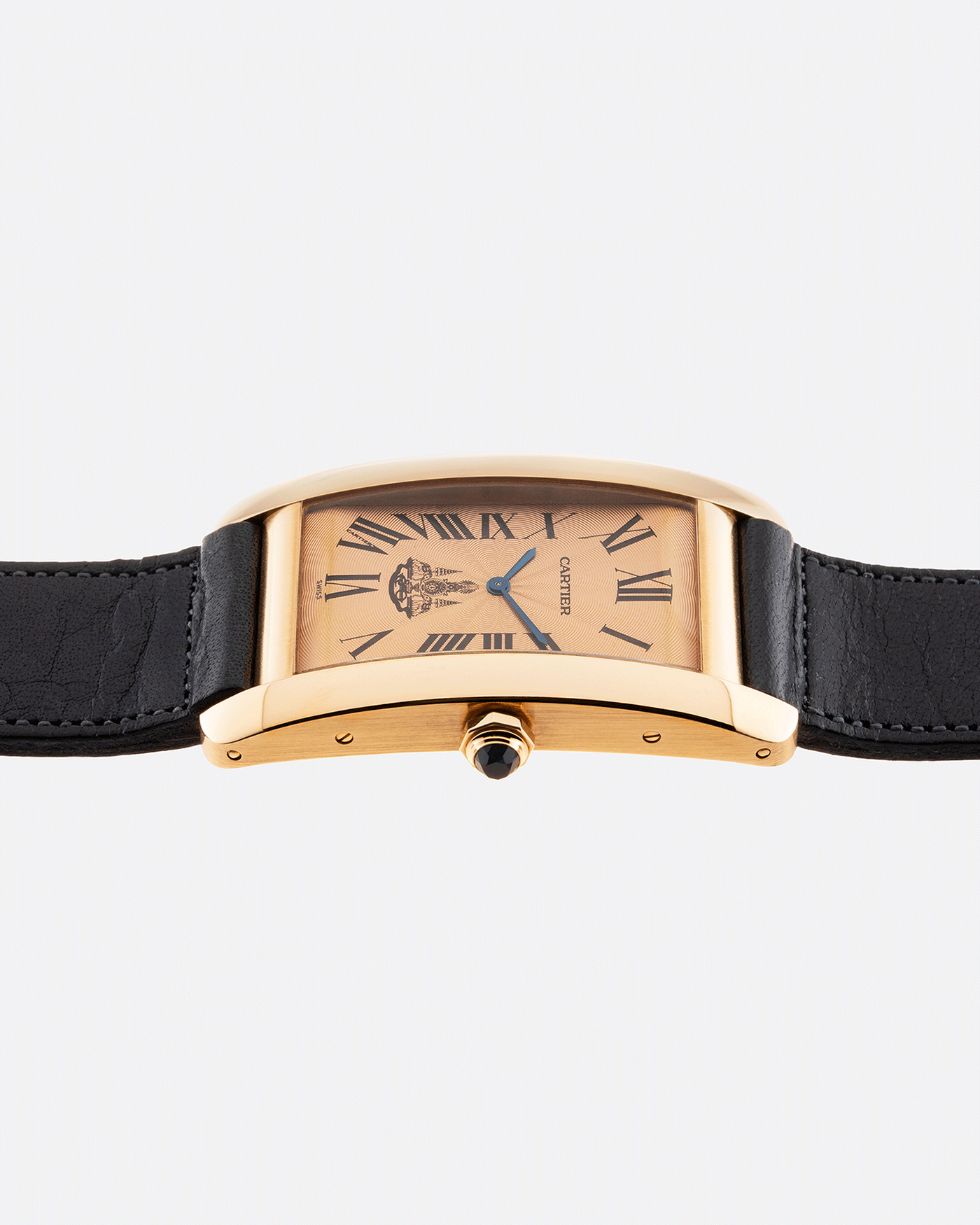 Brand: Cartier Year: 1996 Model: Tank Americaine ‘Thai King’ Reference: 1735 Material: 18k Yellow Gold Movement: Cartier Caliber 430 MC Case Diameter: 45mm X26mm Strap: Navy Blue Accurate Form Calf Strap with separate 18k Cartier Yellow Gold Deployant