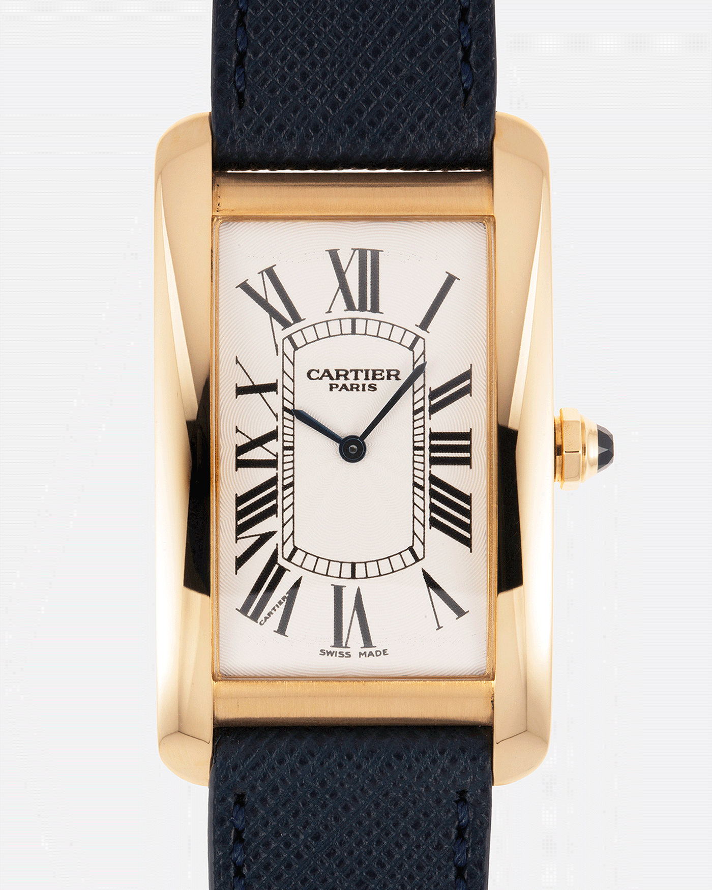 Brand: Cartier Year: 1990s Model: CPCP Collection Prive Tank Americaine Reference: 1735 Material: 18k Yellow Gold Movement: Cartier Caliber 430 MC Case Diameter: 45mm X26mm Strap: Navy Blue Molequin Textured Calf Strap with separate 18k Cartier Yellow Gold Deployant