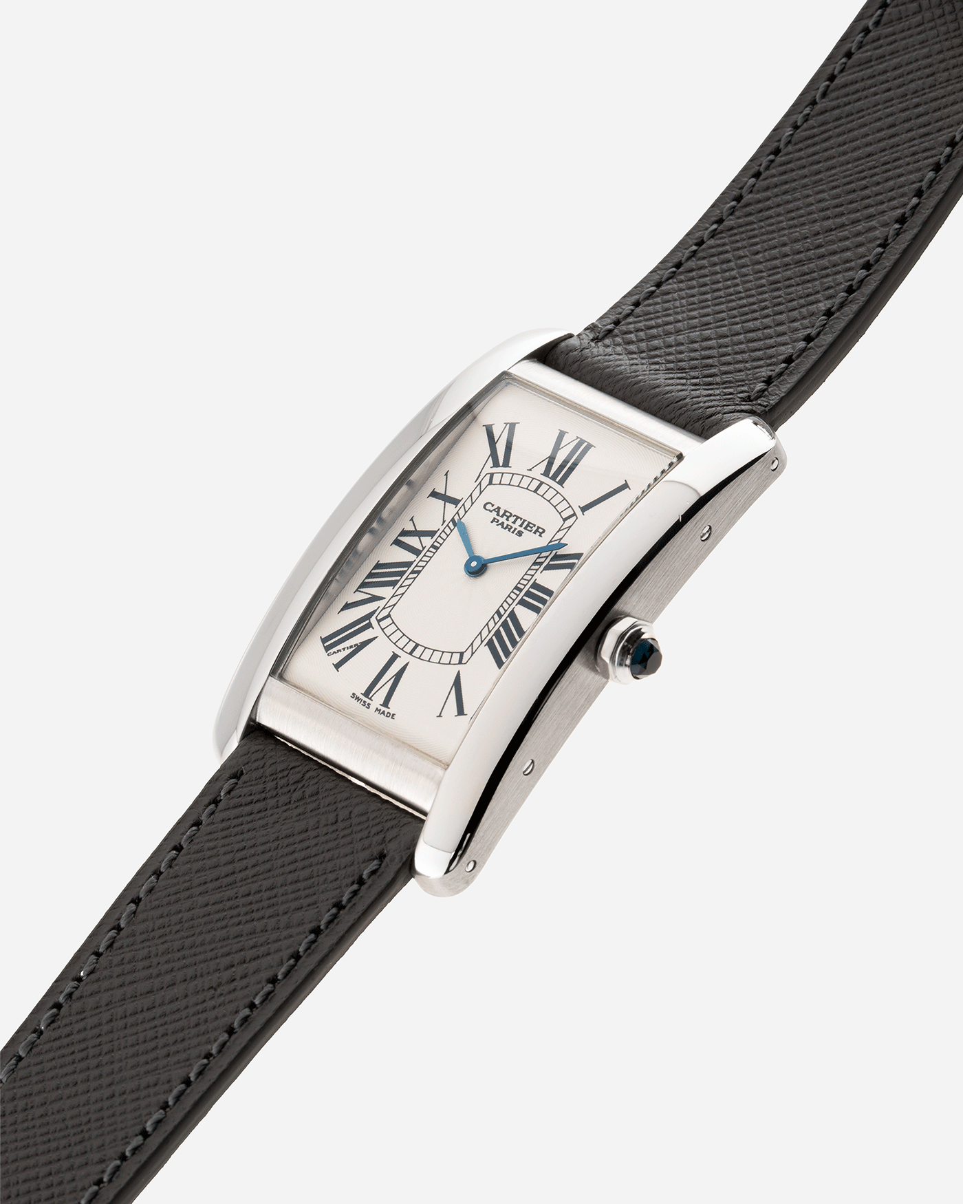 Brand: Cartier Year: 2007 Model: CPCP Collection Prive Tank Americaine Reference: 1734 Material: Platinum Movement: Cartier Caliber 430 MC Case Diameter: 45mm X26mm Strap: Grey Molequin Textured Calf Strap with separate White Gold Cartier Tang Buckle