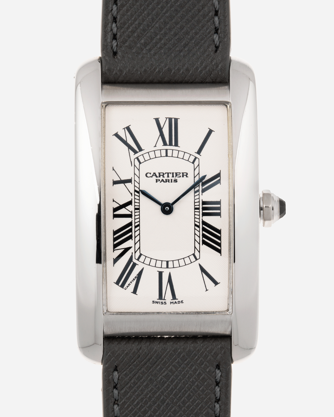 Brand: Cartier Year: 2007 Model: CPCP Collection Prive Tank Americaine Reference: 1734 Material: Platinum Movement: Cartier Caliber 430 MC Case Diameter: 45mm X26mm Strap: Grey Molequin Textured Calf Strap with separate White Gold Cartier Tang Buckle