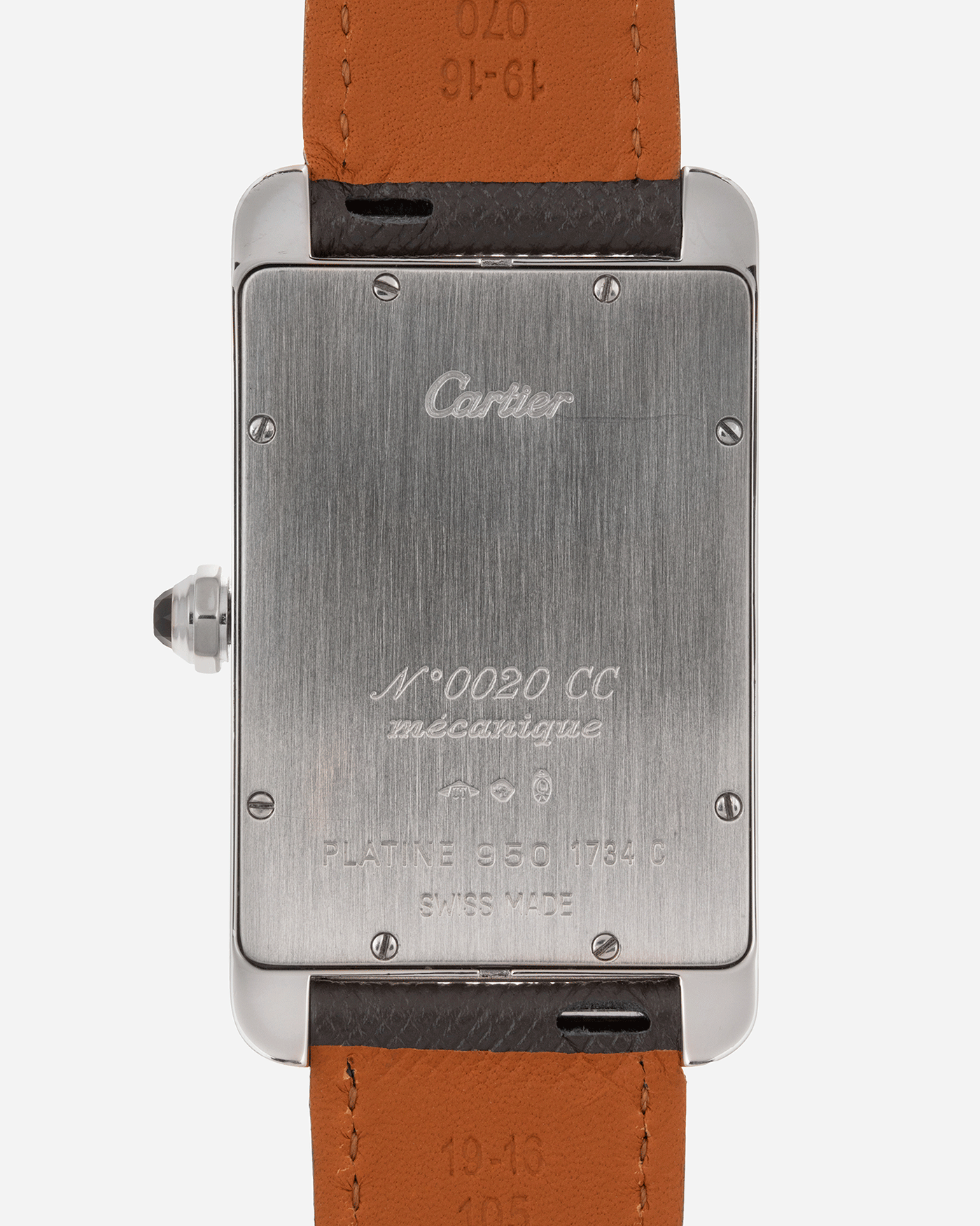 Brand: Cartier Year: 2007 Model: CPCP Collection Prive Tank Americaine Reference: 1734 Material: Platinum Movement: Cartier Caliber 430 MC Case Diameter: 45mm X26mm Strap: Grey Molequin Textured Calf Strap with separate White Gold Cartier Tang Buckle