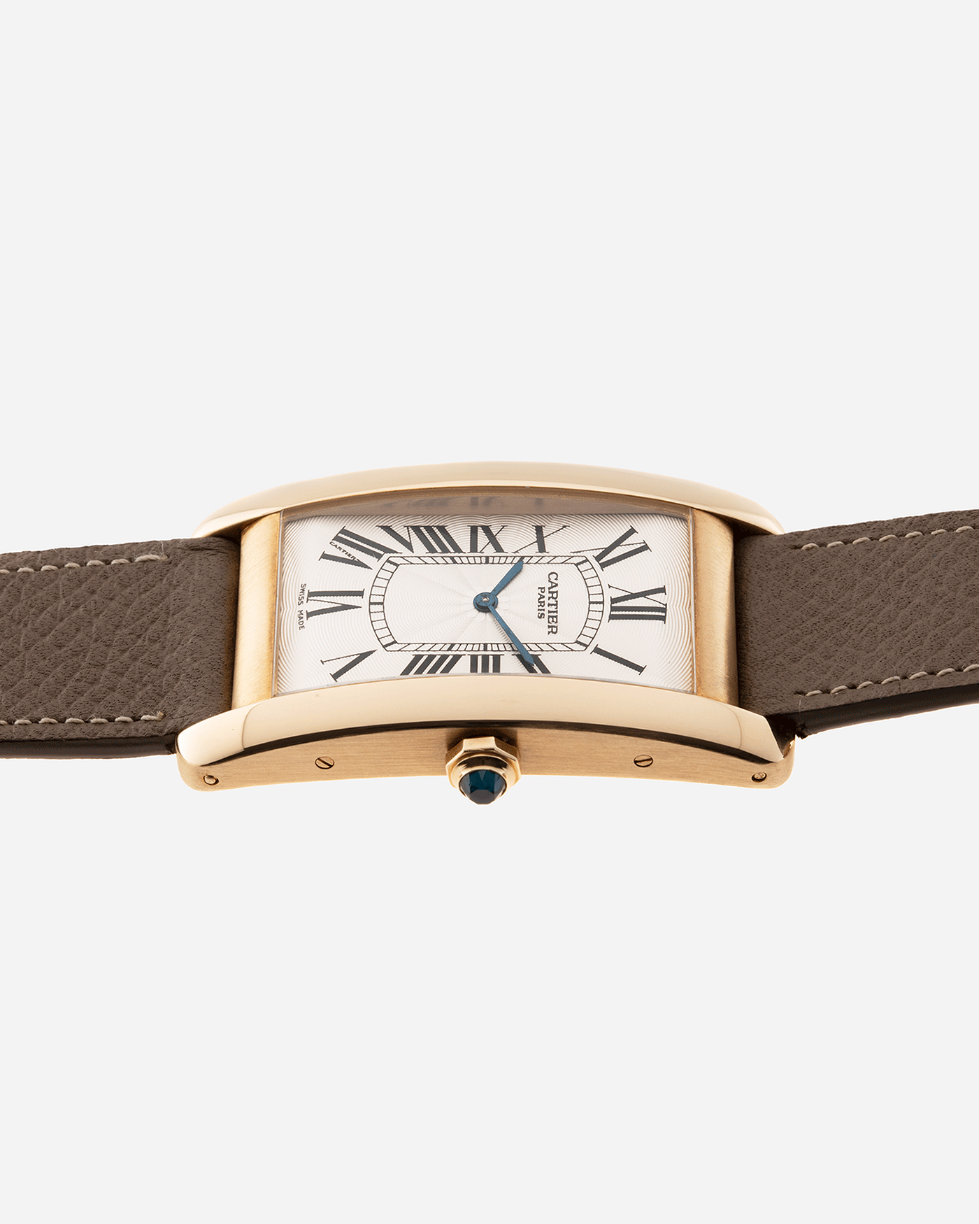 Brand: Cartier Year: 1999 Model: CPCP Collection Prive Tank Americaine Reference: 1737 Material: 18k Yellow Gold Movement: Cartier Caliber 430 MC Case Diameter: 45mmX26mm Strap: Nostime Taupe Grained Calf