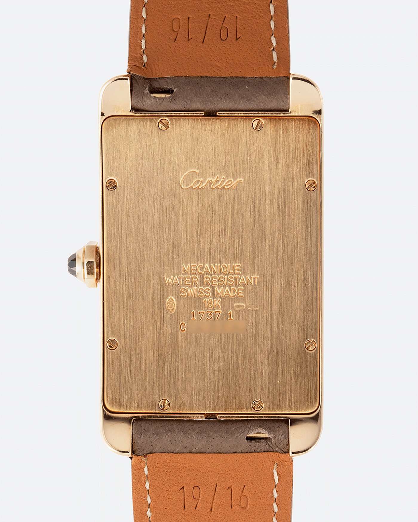 Brand: Cartier Year: 1999 Model: CPCP Collection Prive Tank Americaine Reference: 1737 Material: 18k Yellow Gold Movement: Cartier Caliber 430 MC Case Diameter: 45mmX26mm Strap: Nostime Taupe Grained Calf