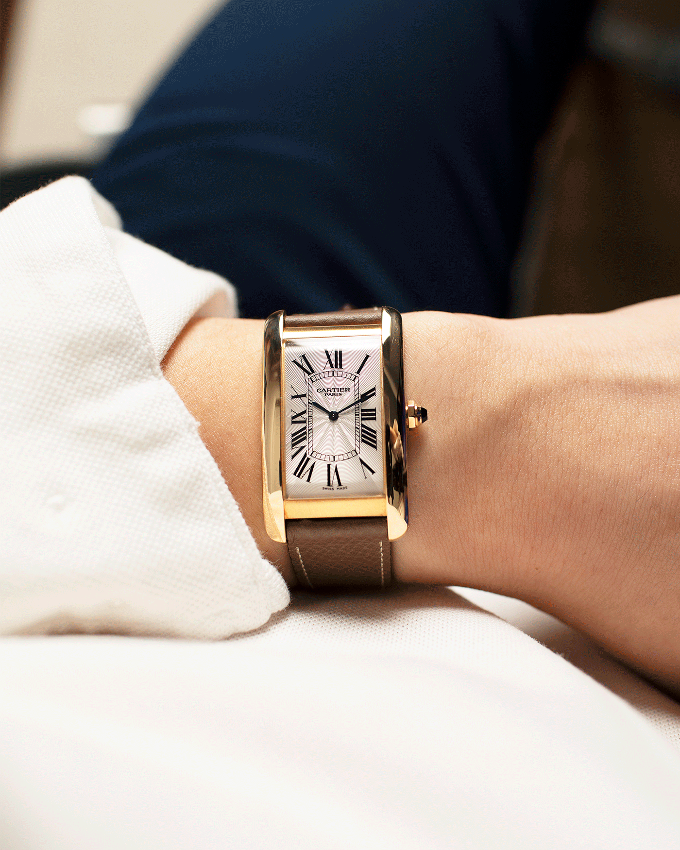 Brand: Cartier Year: 1999 Model: CPCP Collection Prive Tank Americaine Reference: 1737 Material: 18k Yellow Gold Movement: Cartier Caliber 430 MC Case Diameter: 45mmX26mm Strap: Nostime Taupe Grained Calf