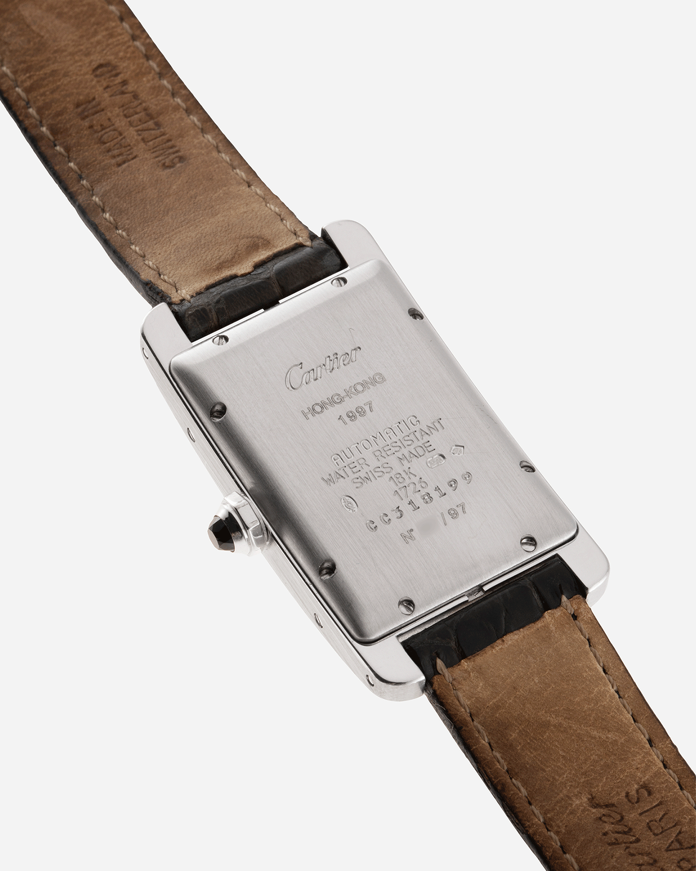 Brand: Cartier Year: 1997 Model: Tank Americaine Hong Kong Limited Edition Reference: 1726 Material: 18k White Gold Movement: Automatic Cartier Self Winding Caliber Case Diameter: 41mm X 23mm Strap: Cartier Green Alligator Strap with White Gold Cartier Buckle