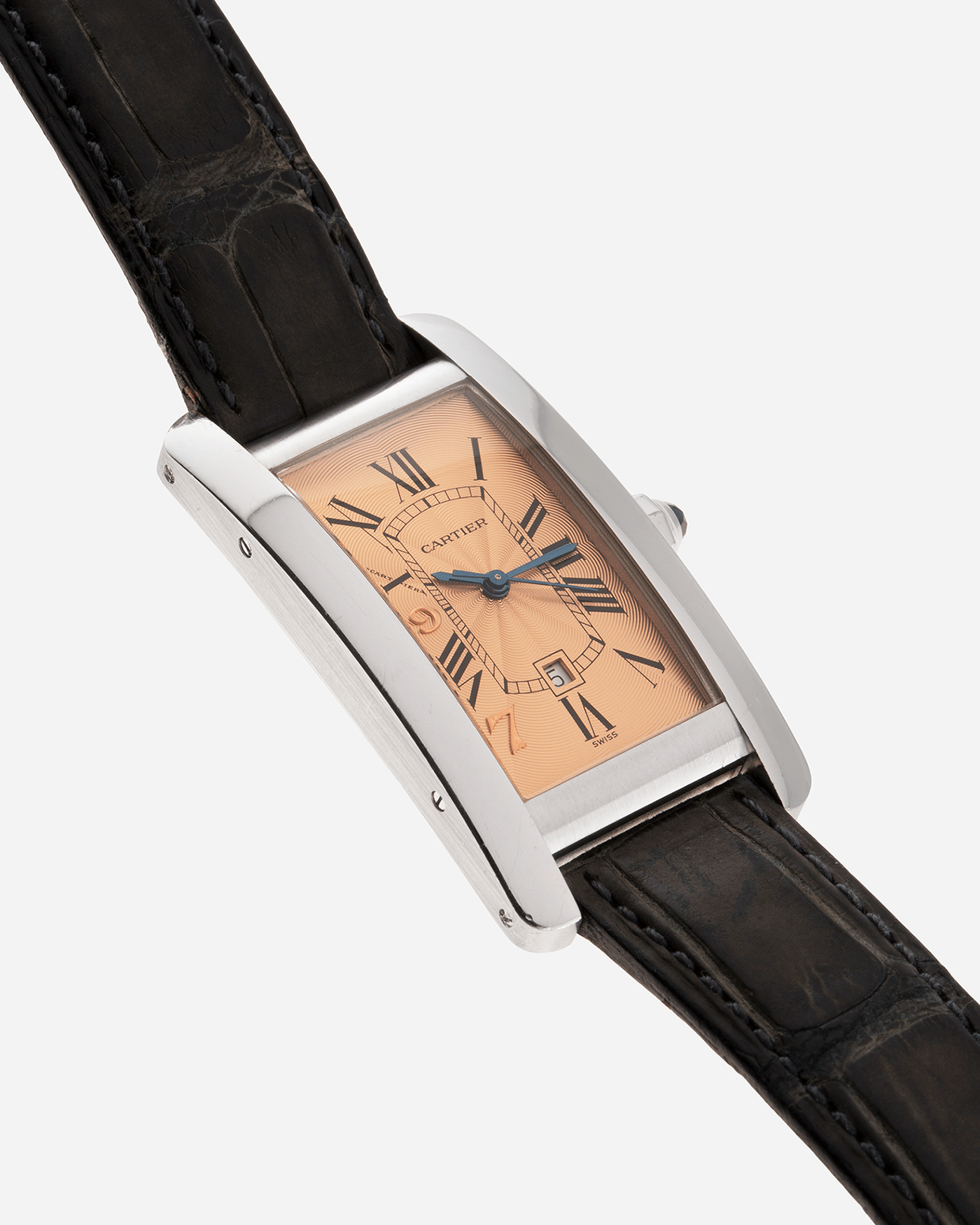 Brand: Cartier Year: 1997 Model: Tank Americaine Hong Kong Limited Edition Reference: 1726 Material: 18k White Gold Movement: Automatic Cartier Self Winding Caliber Case Diameter: 41mm X 23mm Strap: Cartier Green Alligator Strap with White Gold Cartier Buckle