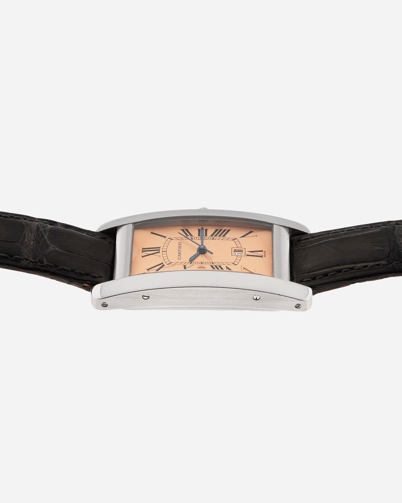 Brand: Cartier Year: 1997 Model: Tank Americaine Hong Kong Limited Edition Reference: 1726 Material: 18k White Gold Movement: Automatic Cartier Self Winding Caliber Case Diameter: 41mm X 23mm Strap: Cartier Green Alligator Strap with White Gold Cartier Buckle