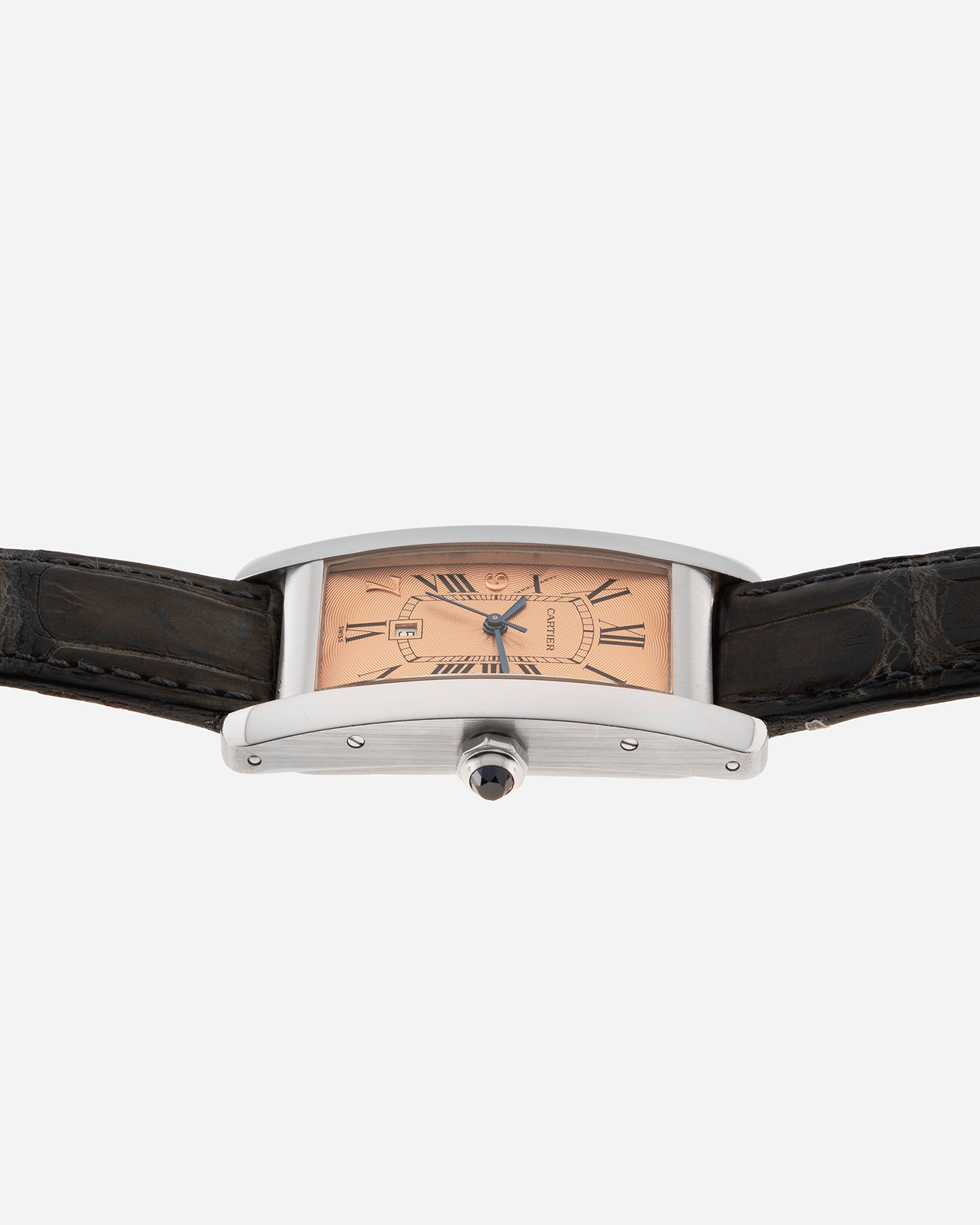 Brand: Cartier Year: 1997 Model: Tank Americaine Hong Kong Limited Edition Reference: 1726 Material: 18k White Gold Movement: Automatic Cartier Self Winding Caliber Case Diameter: 41mm X 23mm Strap: Cartier Green Alligator Strap with White Gold Cartier Buckle