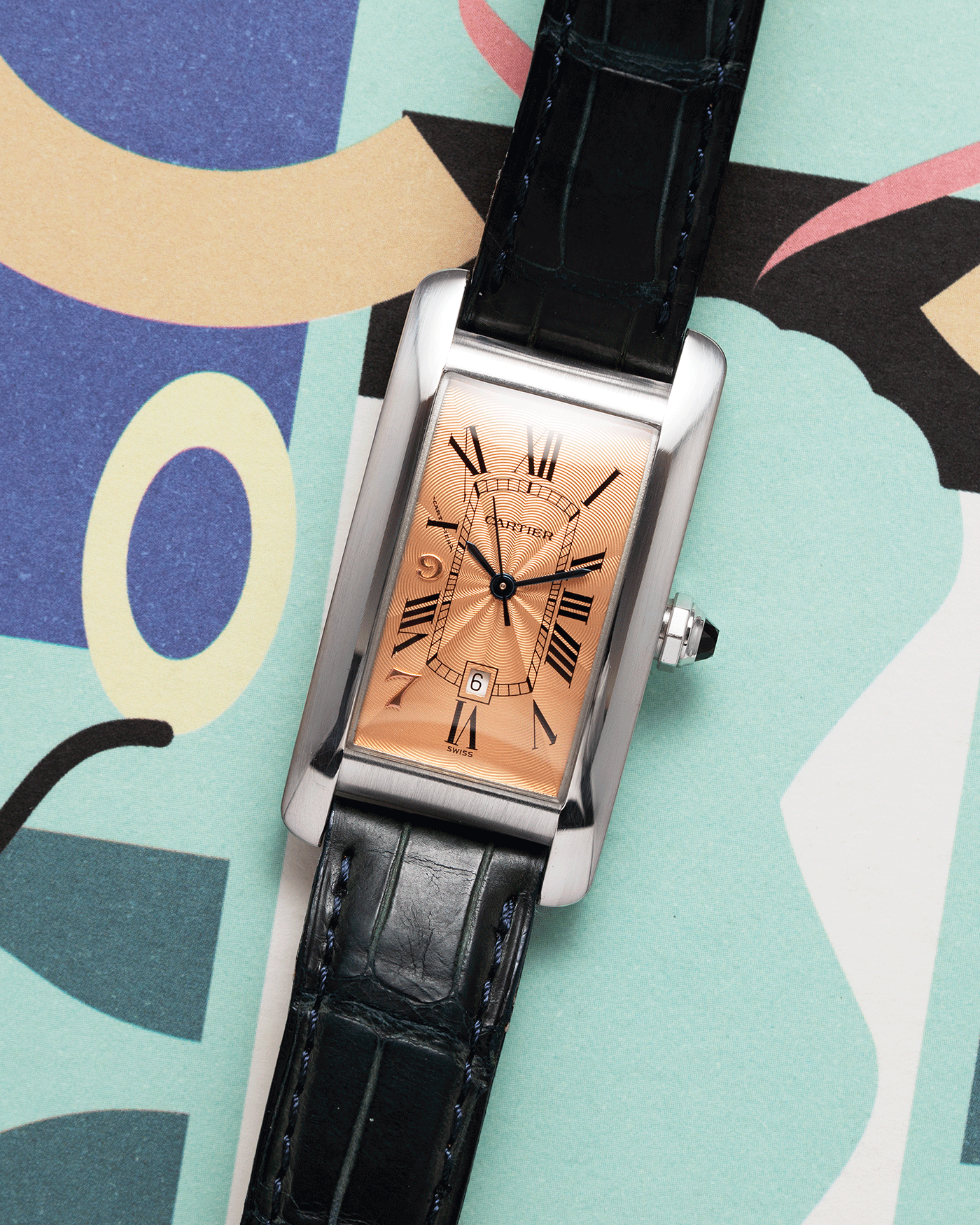 Brand: Cartier Year: 1997 Model: Tank Americaine Hong Kong Limited Edition Reference: 1726 Material: 18k White Gold Movement: Automatic Cartier Self Winding Caliber Case Diameter: 41mm X 23mm Strap: Green Alligator Strap with White Gold Cartier Buckle