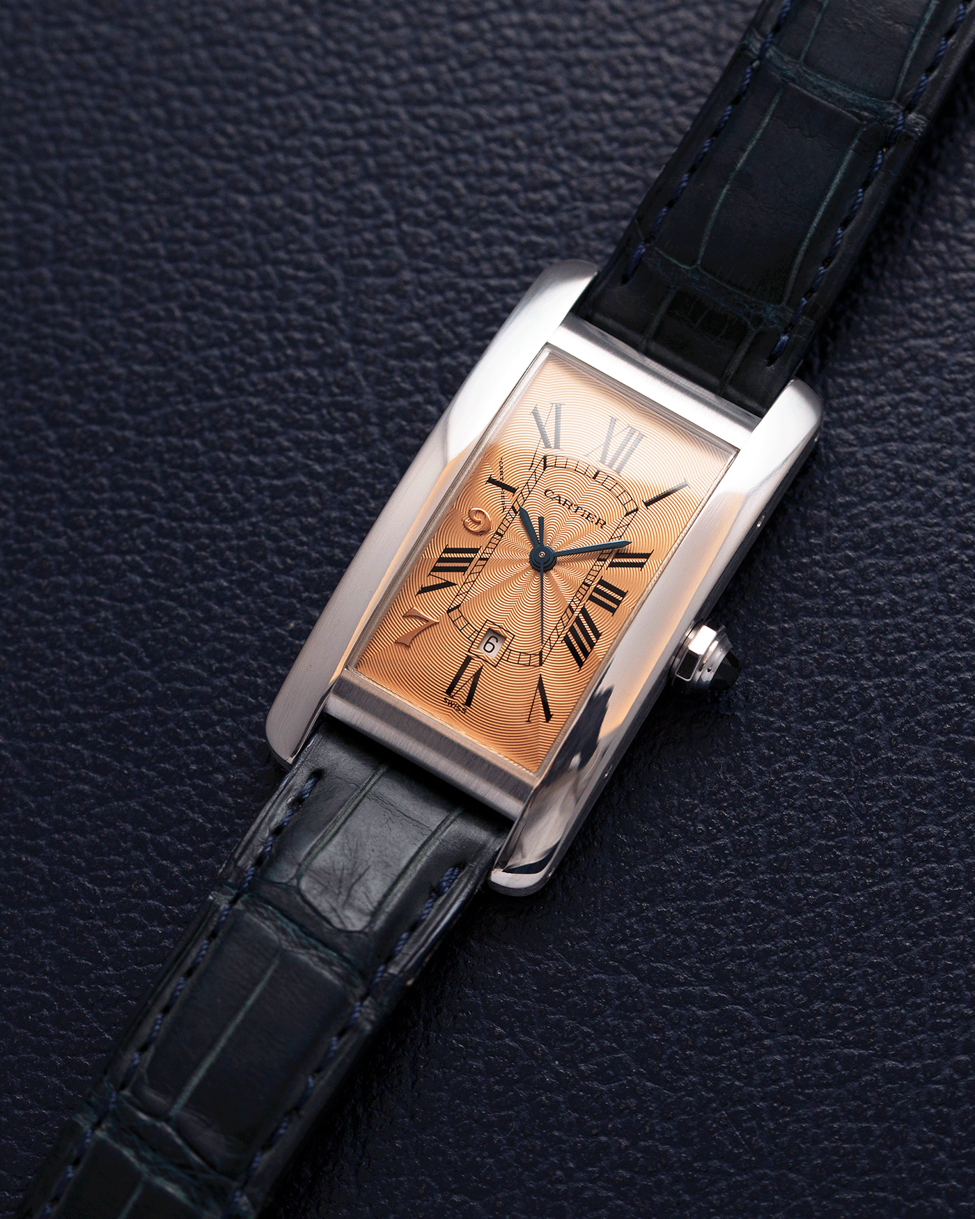 Brand: Cartier Year: 1997 Model: Tank Americaine Hong Kong Limited Edition Reference: 1726 Material: 18k White Gold Movement: Automatic Cartier Self Winding Caliber Case Diameter: 41mm X 23mm Strap: Green Alligator Strap with White Gold Cartier Buckle