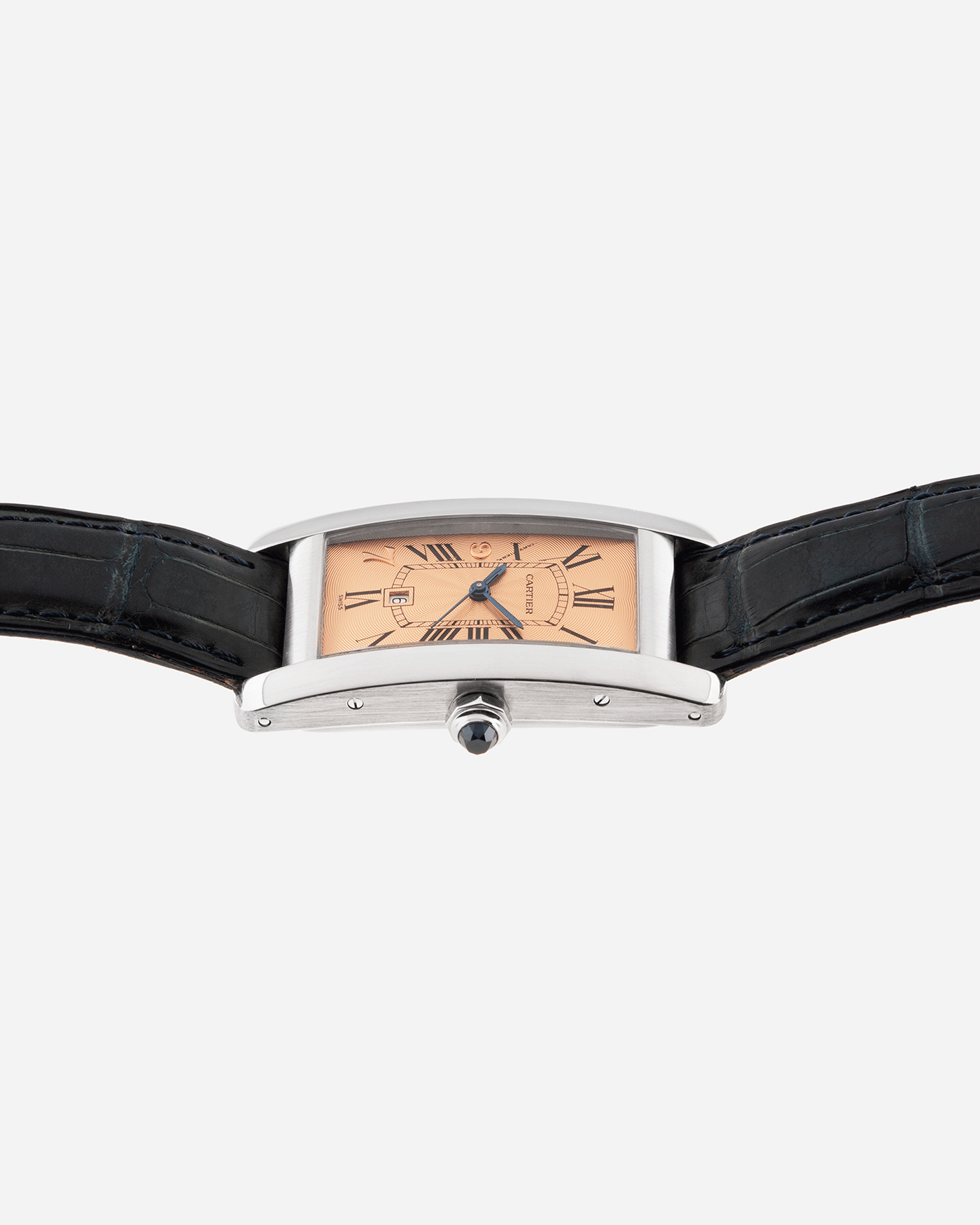 Brand: Cartier Year: 1997 Model: Tank Americaine Hong Kong Limited Edition Reference: 1726 Material: 18k White Gold Movement: Automatic Cartier Self Winding Caliber Case Diameter: 41mm X 23mm Strap: Green Alligator Strap with White Gold Cartier Buckle