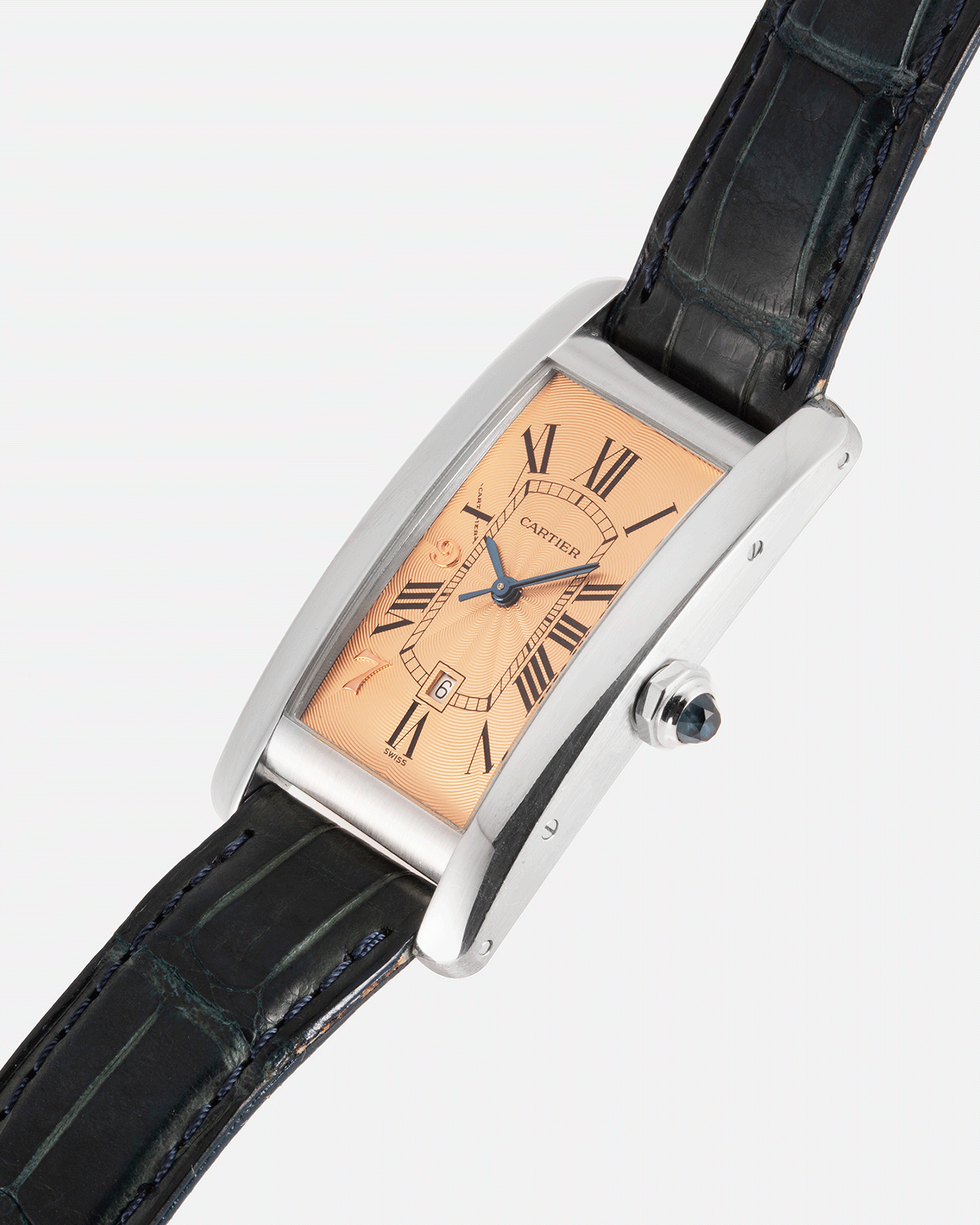 Brand: Cartier Year: 1997 Model: Tank Americaine Hong Kong Limited Edition Reference: 1726 Material: 18k White Gold Movement: Automatic Cartier Self Winding Caliber Case Diameter: 41mm X 23mm Strap: Green Alligator Strap with White Gold Cartier Buckle