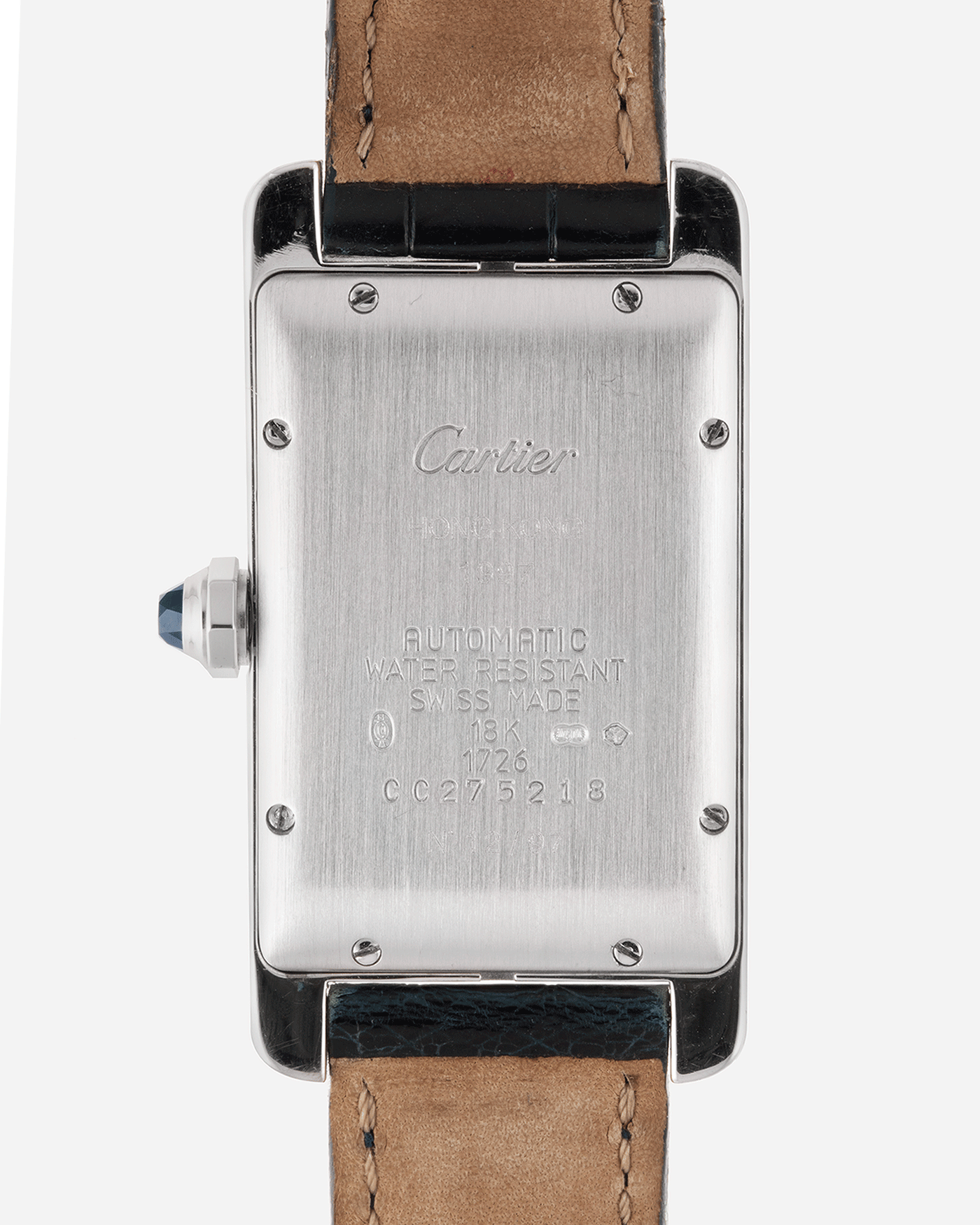 Brand: Cartier Year: 1997 Model: Tank Americaine Hong Kong Limited Edition Reference: 1726 Material: 18k White Gold Movement: Automatic Cartier Self Winding Caliber Case Diameter: 41mm X 23mm Strap: Green Alligator Strap with White Gold Cartier Buckle