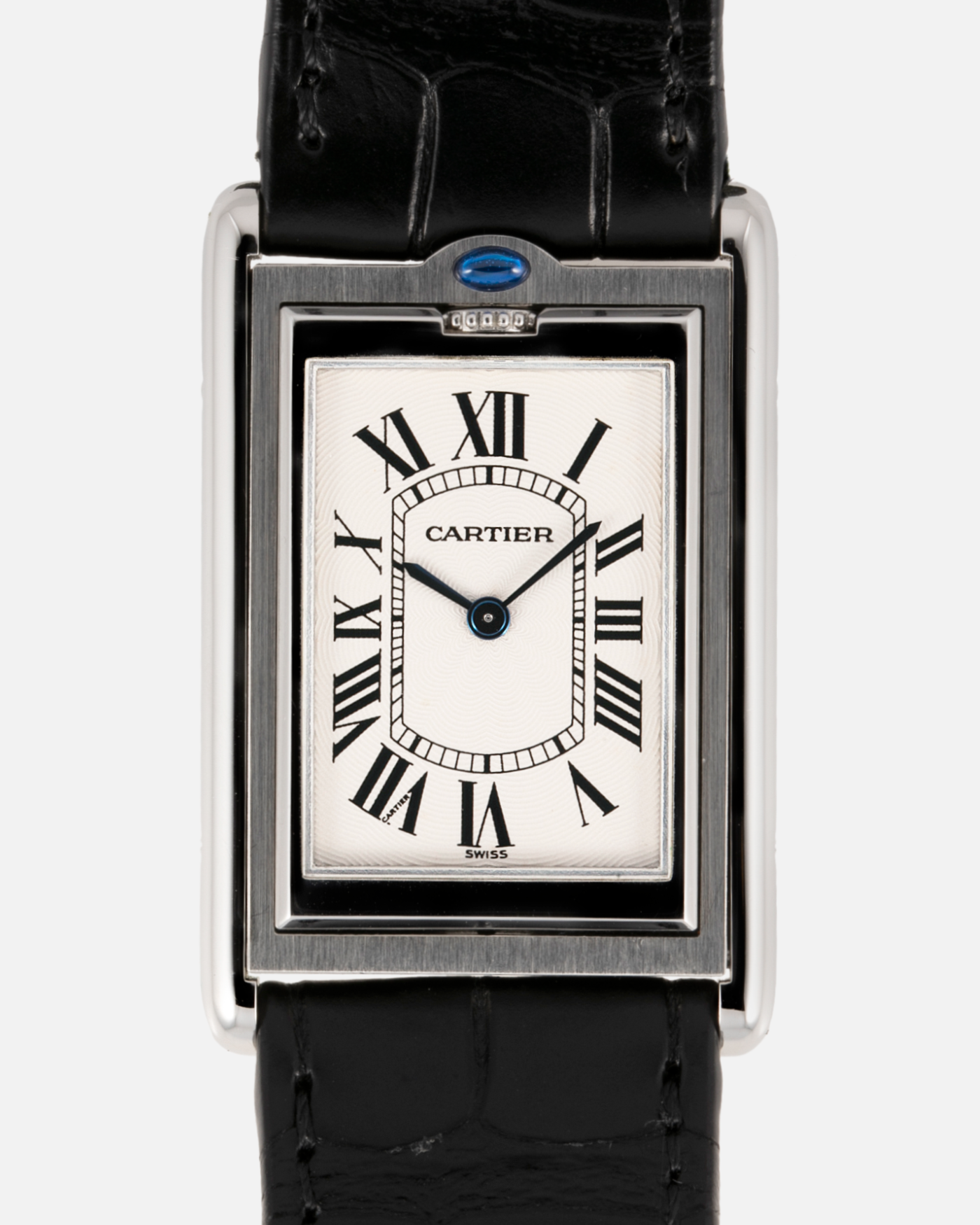 Brand: Cartier Year: 1990’s Model: Tank Basculante Reference: 2390 Material: Stainless Steel Movement: Piguet-derived Cartier cal. 050 MC Case Diameter: 26 x 38mm Strap: Black Cartier Alligator with Cartier Stainless Steel Tang Buckle