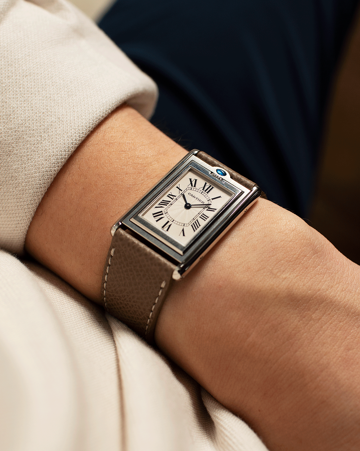  Brand: Cartier Year: 1999 Model: Tank Basculante Reference: 2390 Material: Stainless Steel Movement: Piguet-derived Cartier cal. 050 MC Case Diameter: 26 x 38mm Strap: Veblenist Taupe Grained Calf and Black Cartier Alligator with Cartier Stainless Steel Tang Buckle