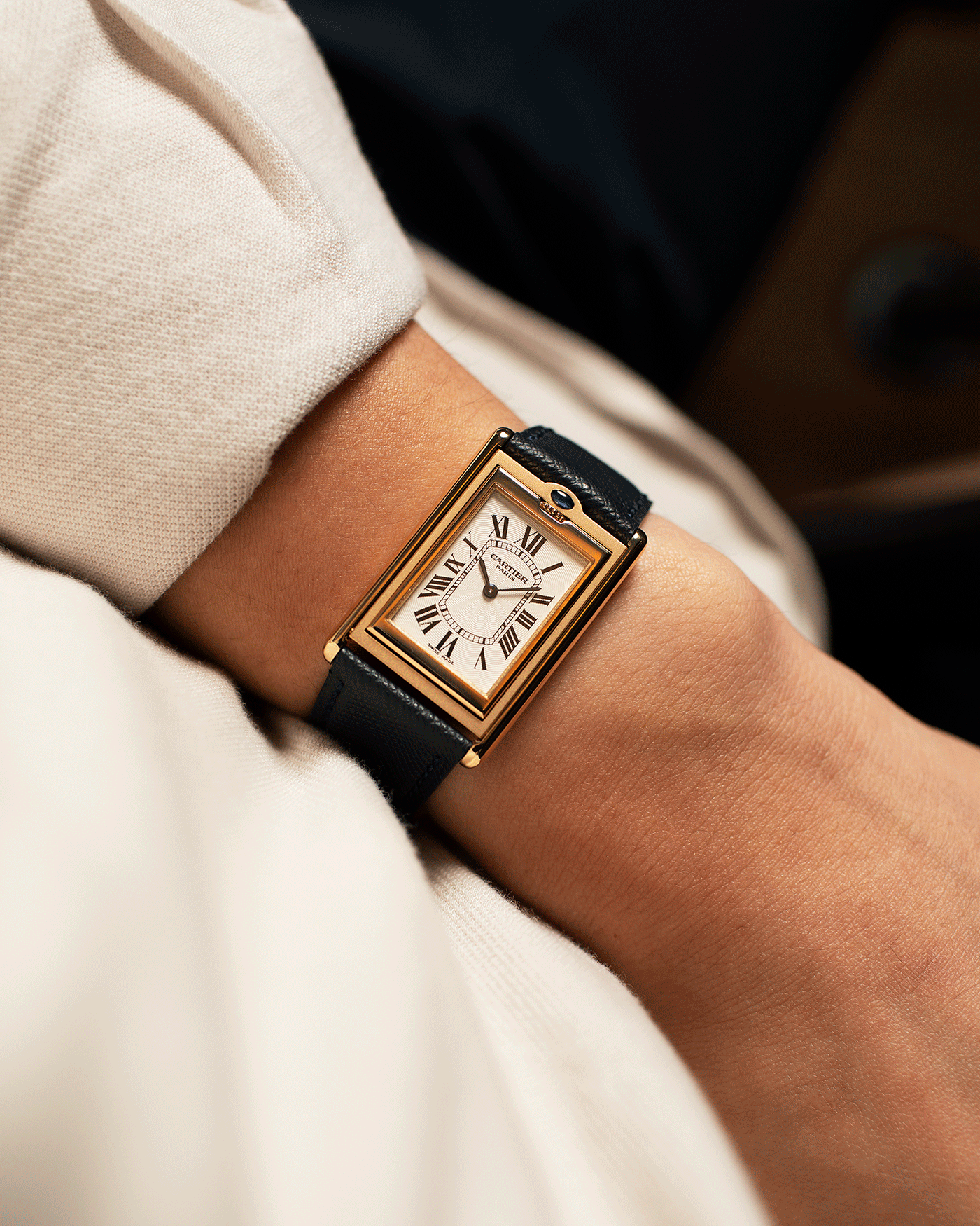 Brand: Cartier Year: 2000 Model: Tank Basculante Material: 18k Yellow Gold Movement: Cartier Cal. 610 (F. Piguet) Case Diameter: 25mm x 39mm Strap: Molequin Navy Blue Textured Calf and 18k Yellow Gold Deployant Clasp