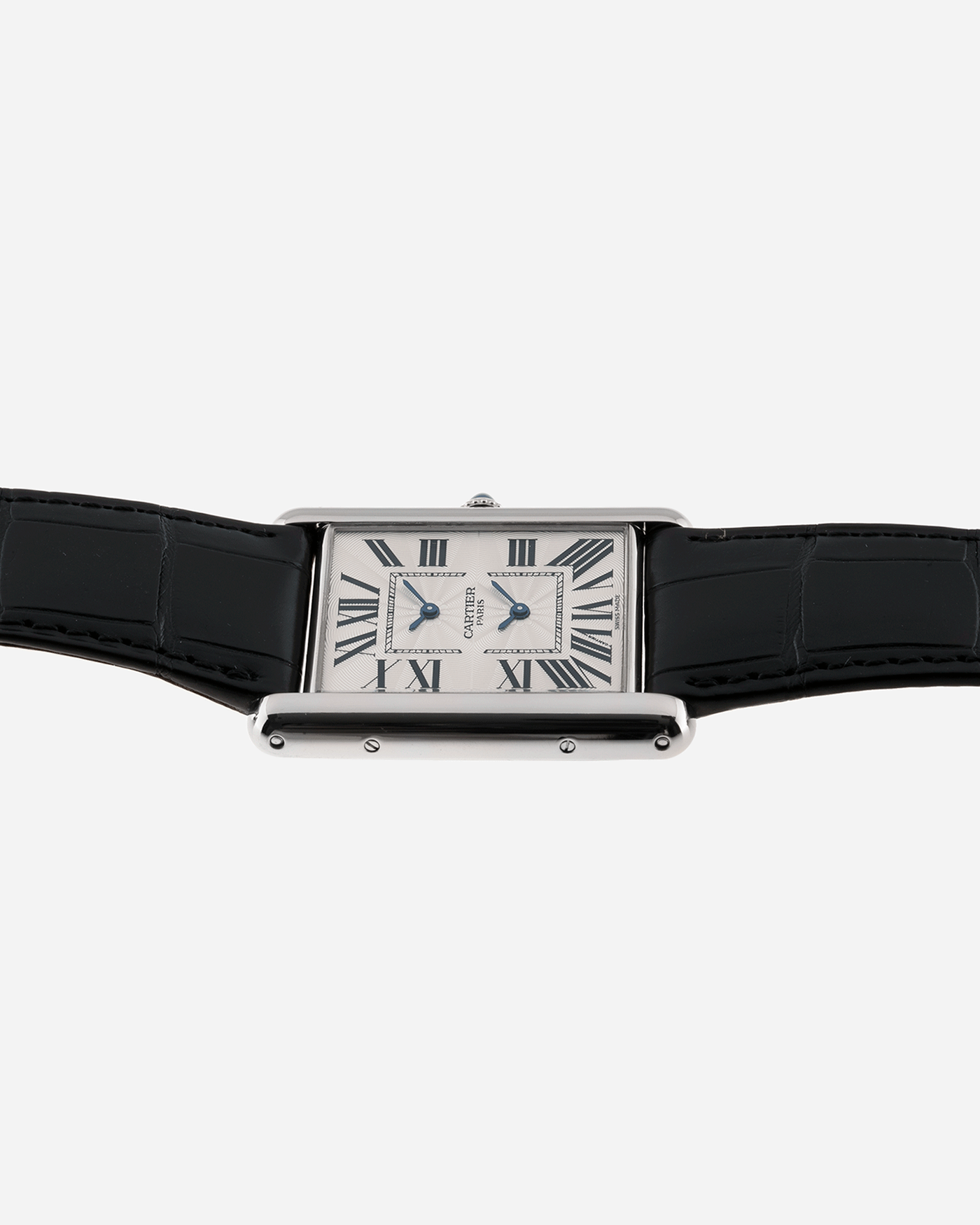 Brand: Cartier Year: 2010 Model: CPCP Tank Two Time Zone Reference: 2917 Material: 18k White Gold Movement: Piaget-Based Manually Wound Cal. 9901 MC Case Diameter: 29.3mm width, 38.3mm length Strap: Cartier Black Alligator Strap with 18k White Gold Cartier Deployant Clasp