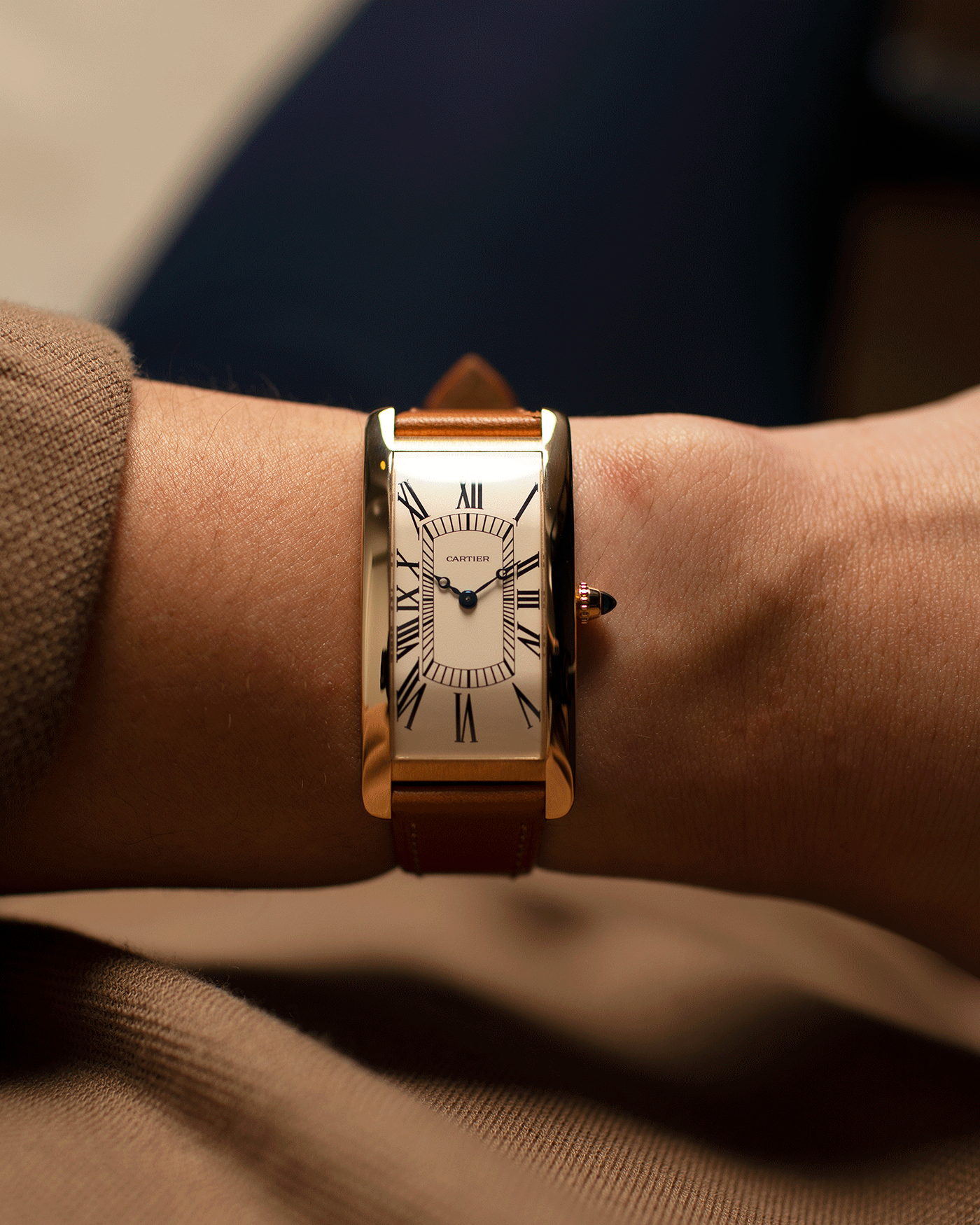 Brand: Cartier Year: 2021 Model: Tank Cintree Reference: 2718 Material: 18k Yellow Gold Movement: Jaeger Le Coultre manual wind caliber 9780MC Case Diameter: 46 x 23 mm, 6.4mm thick Strap: Cartier Chestnut Brown Leather Strap and 18k Yellow Gold Tang Buckle