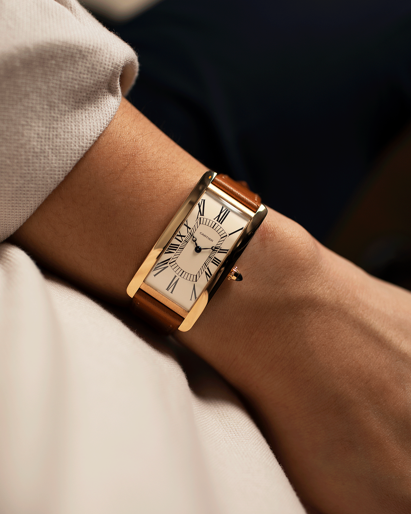 Brand: Cartier Year: 2021 Model: Tank Cintree Reference: 2718 Material: 18k Yellow Gold Movement: Jaeger Le Coultre manual wind caliber 9780MC Case Diameter: 46 x 23 mm, 6.4mm thick Strap: Cartier Chestnut Brown Leather Strap and 18k Yellow Gold Tang Buckle