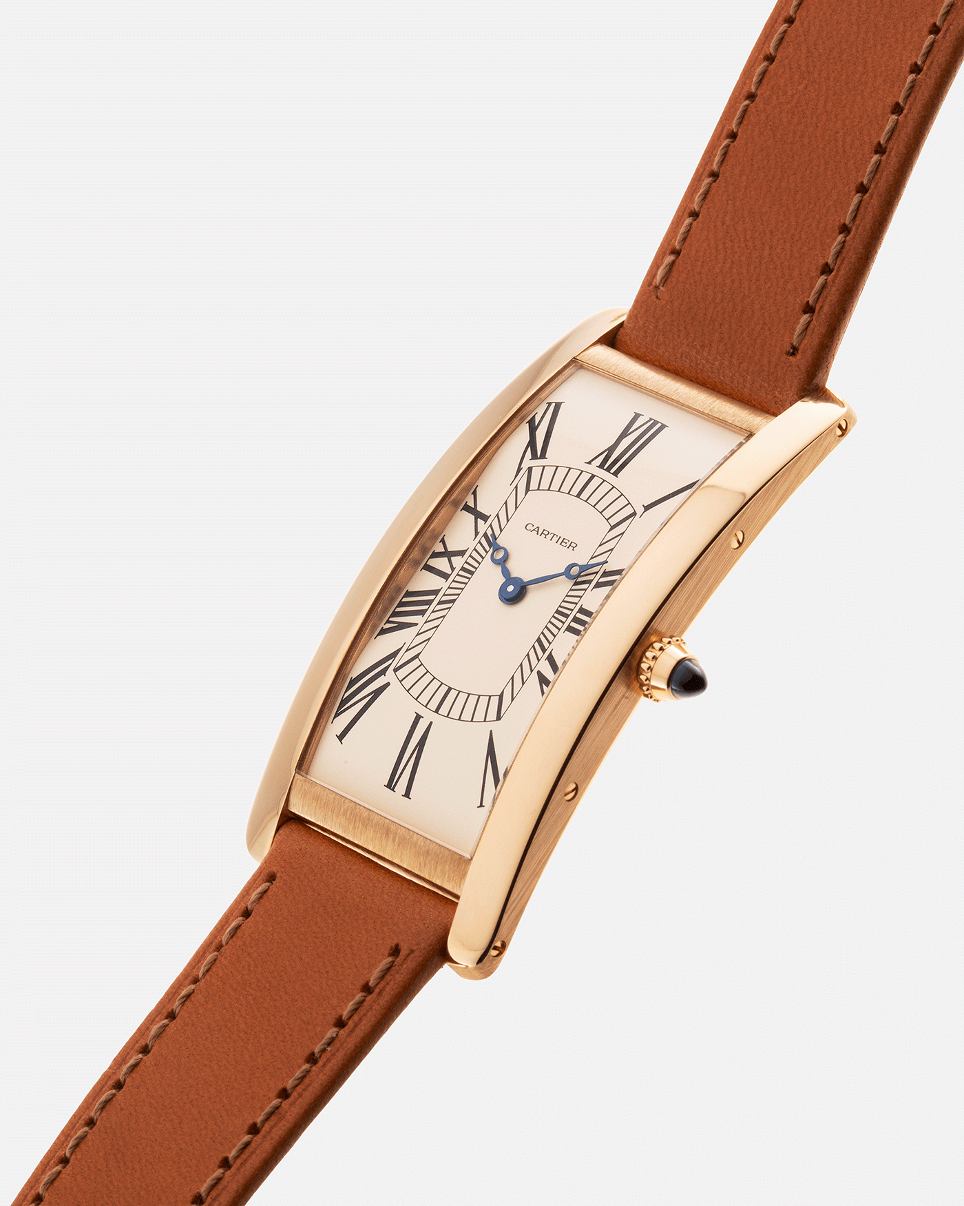 Brand: Cartier Year: 2021 Model: Tank Cintree Reference: 2718 Material: 18k Yellow Gold Movement: Jaeger Le Coultre manual wind caliber 9780MC Case Diameter: 46 x 23 mm, 6.4mm thick Strap: Cartier Chestnut Brown Leather Strap and 18k Yellow Gold Tang Buckle