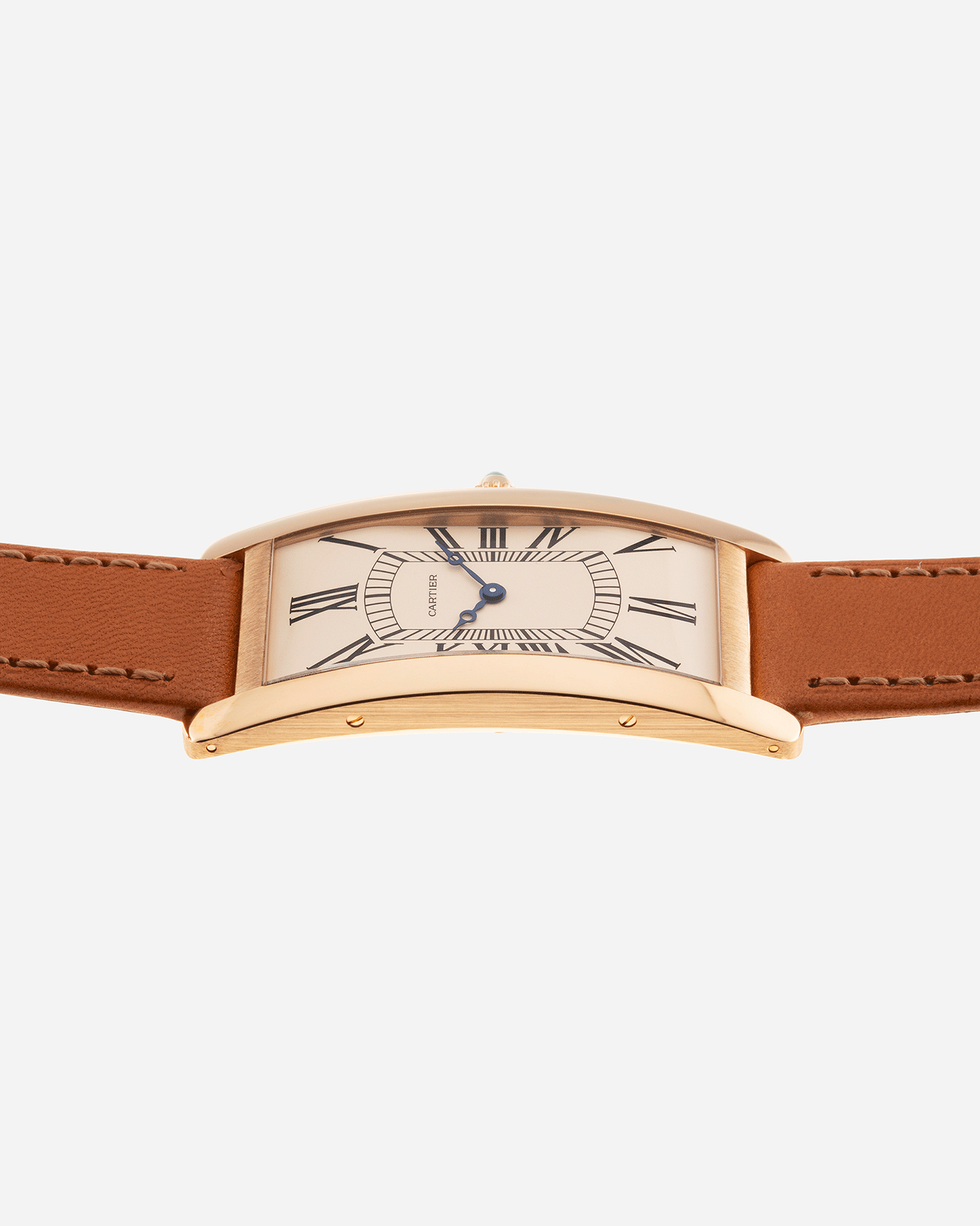 Brand: Cartier Year: 2021 Model: Tank Cintree Reference: 2718 Material: 18k Yellow Gold Movement: Jaeger Le Coultre manual wind caliber 9780MC Case Diameter: 46 x 23 mm, 6.4mm thick Strap: Cartier Chestnut Brown Leather Strap and 18k Yellow Gold Tang Buckle