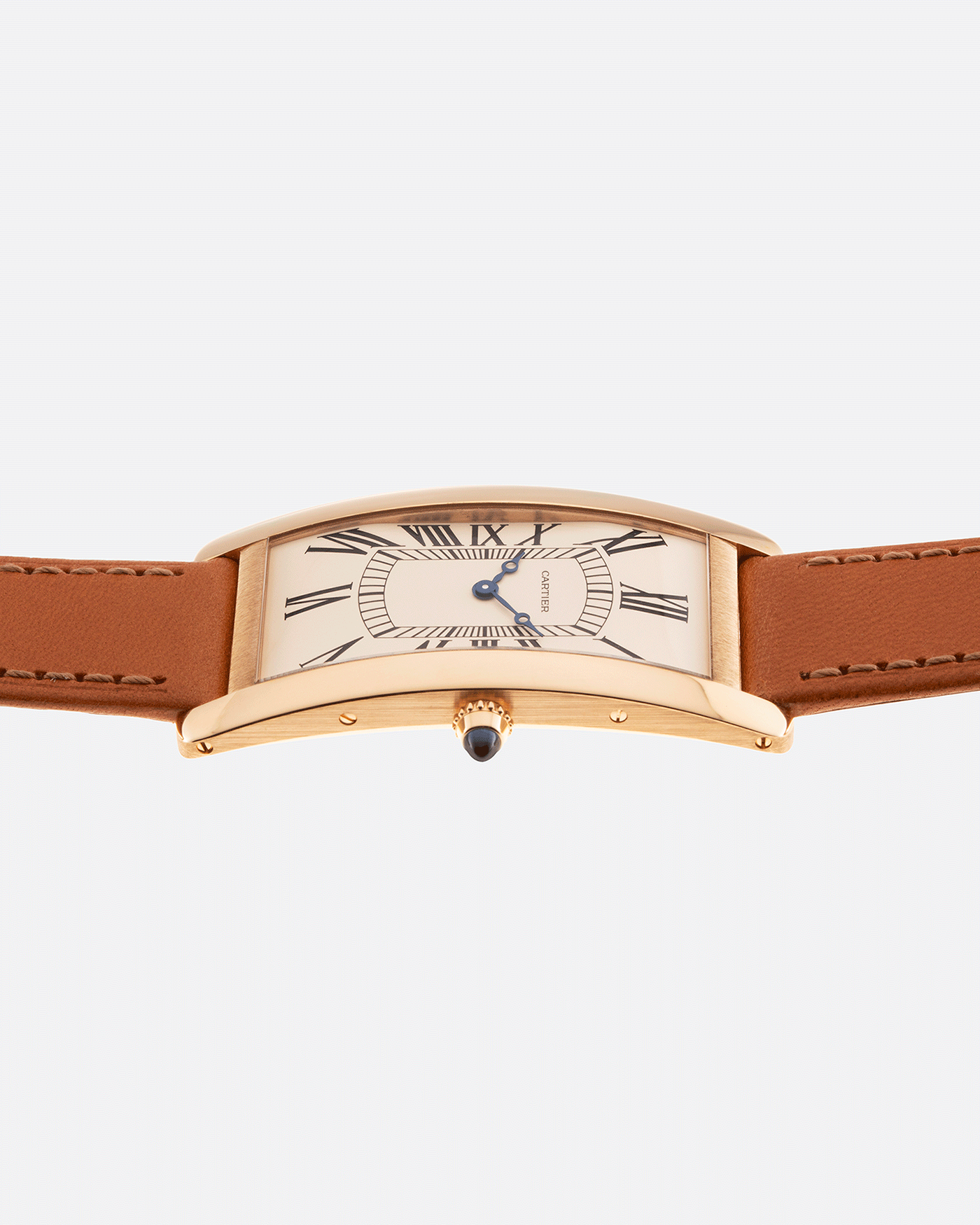 Brand: Cartier Year: 2021 Model: Tank Cintree Reference: 2718 Material: 18k Yellow Gold Movement: Jaeger Le Coultre manual wind caliber 9780MC Case Diameter: 46 x 23 mm, 6.4mm thick Strap: Cartier Chestnut Brown Leather Strap and 18k Yellow Gold Tang Buckle