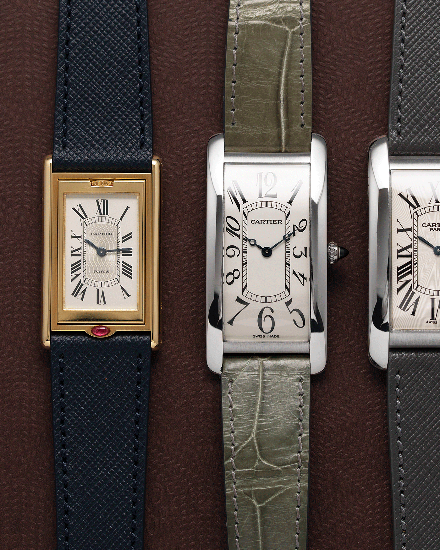 Brand: Cartier Year: 2005 Model: CPCP Collection Prive Tank Cintree Reference: 2843 Material: Platinum Movement: Jaeger Le Coultre manual wind caliber 9770MC Case Diameter: 46 x 23 mm Strap: Moss Green Alligator Strap with Platinum Cartier Deployant Clasp