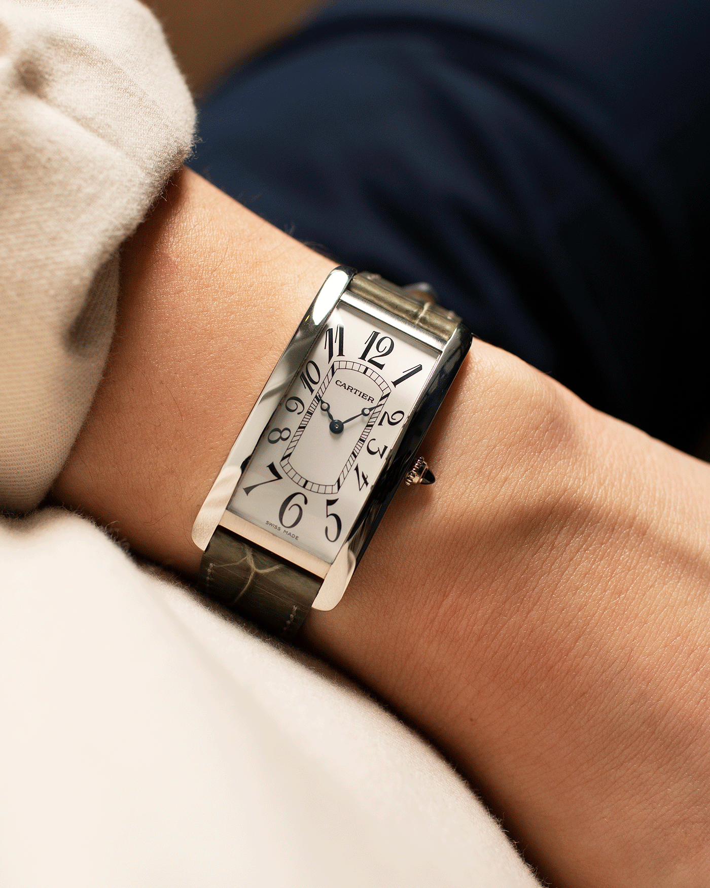 Brand: Cartier Year: 2005 Model: CPCP Collection Prive Tank Cintree Reference: 2843 Material: Platinum Movement: Jaeger Le Coultre manual wind caliber 9770MC Case Diameter: 46 x 23 mm Strap: Moss Green Alligator Strap with Platinum Cartier Deployant Clasp