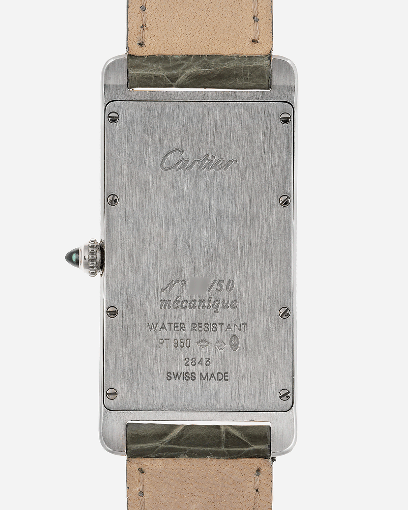 Brand: Cartier Year: 2005 Model: CPCP Collection Prive Tank Cintree Reference: 2843 Material: Platinum Movement: Jaeger Le Coultre manual wind caliber 9770MC Case Diameter: 46 x 23 mm Strap: Moss Green Alligator Strap with Platinum Cartier Deployant Clasp