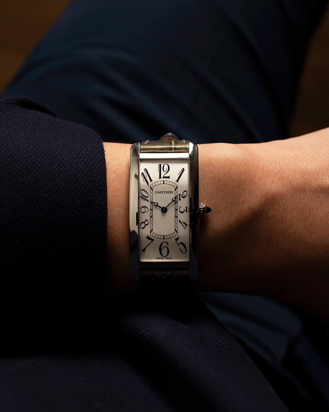 Brand: Cartier Year: 2005 Model: CPCP Collection Prive Tank Cintree Reference: 2843 Material: Platinum Movement: Jaeger Le Coultre manual wind caliber 9770MC Case Diameter: 46 x 23 mm Strap: Moss Green Alligator Strap with Platinum Cartier Deployant Clasp