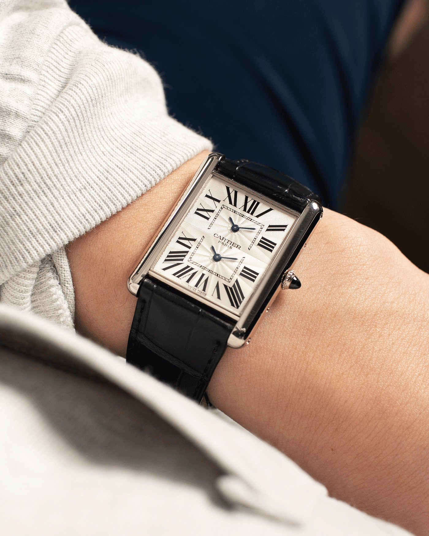 Brand: Cartier Year: 2010 Model: CPCP Tank Two Time Zone Reference: 2917 Material: 18k White Gold Movement: Piaget-Based Manually Wound Cal. 9901 MC Case Diameter: 29.3mm width, 38.3mm length Strap: Cartier Black Alligator Strap with 18k White Gold Cartier Deployant Clasp