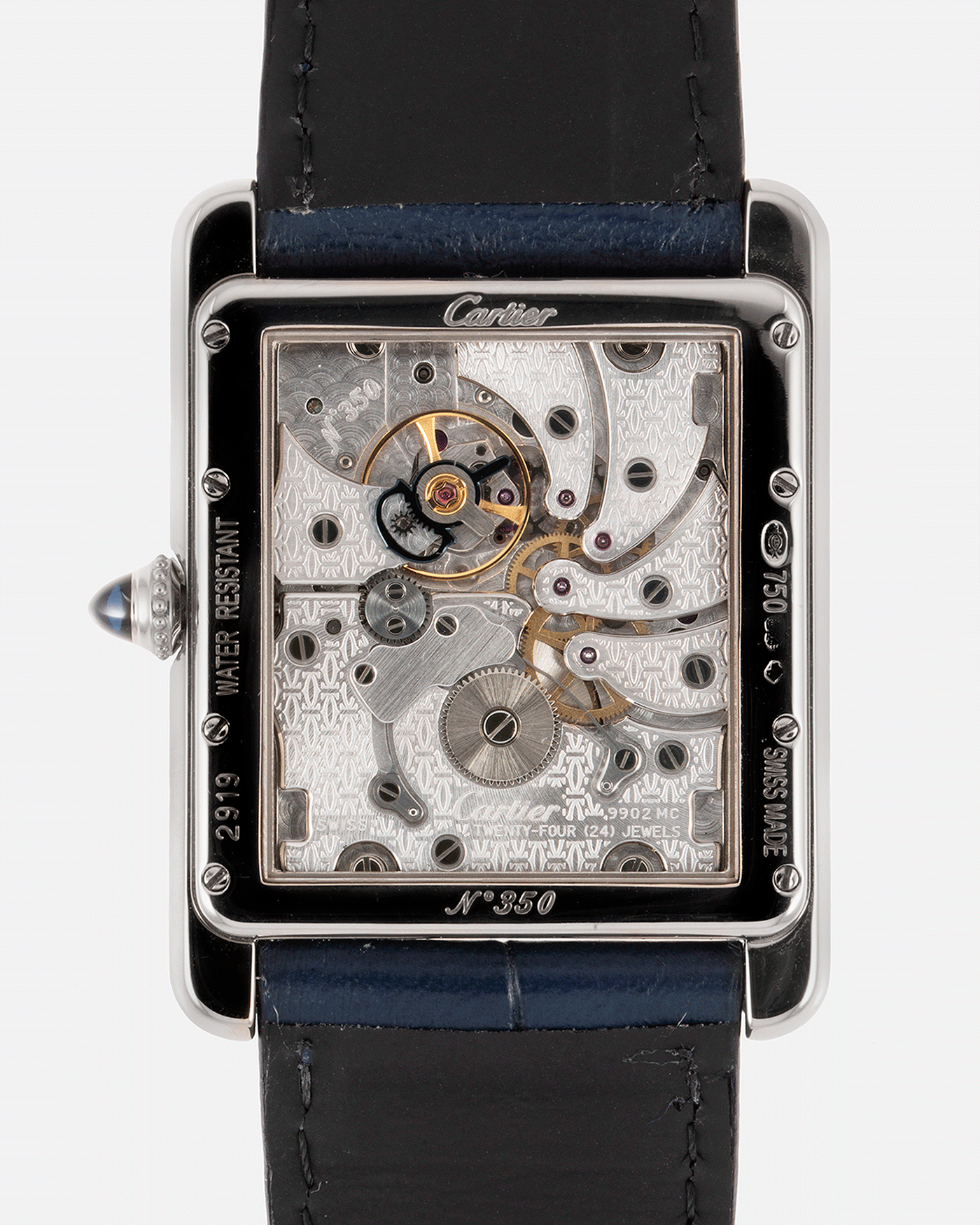 Brand: Cartier Year: 2000’s Model: Collection Prive Tank Louis Cartier Wandering Hours Reference: 2919 Material: 18k White Gold Movement: Piaget-Based Manually Wound Cal. 9902 MC Case Diameter: 28mm width, 40.5mm lug to lug Strap: Blue Cartier Alligator with 18k Cartier White Gold Deployant