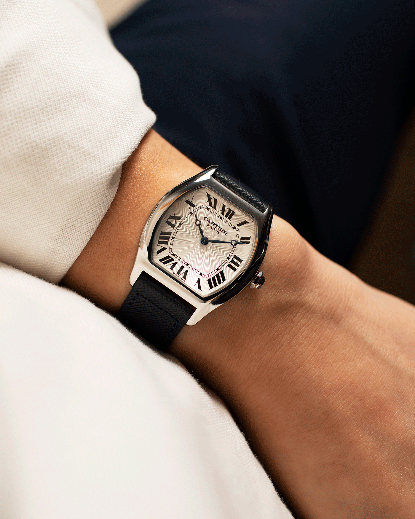 Brand: Cartier Year: 2000’s Model: CPCP Collection Prive Tortue Reference: 2518 Material: Platinum Movement: Cartier Jaeger LeCoultre 9601MC Case Diameter: 43 x 35 mm Strap: Navy Blue Molequin Textured Calf Strap with 18k White Gold Deployant