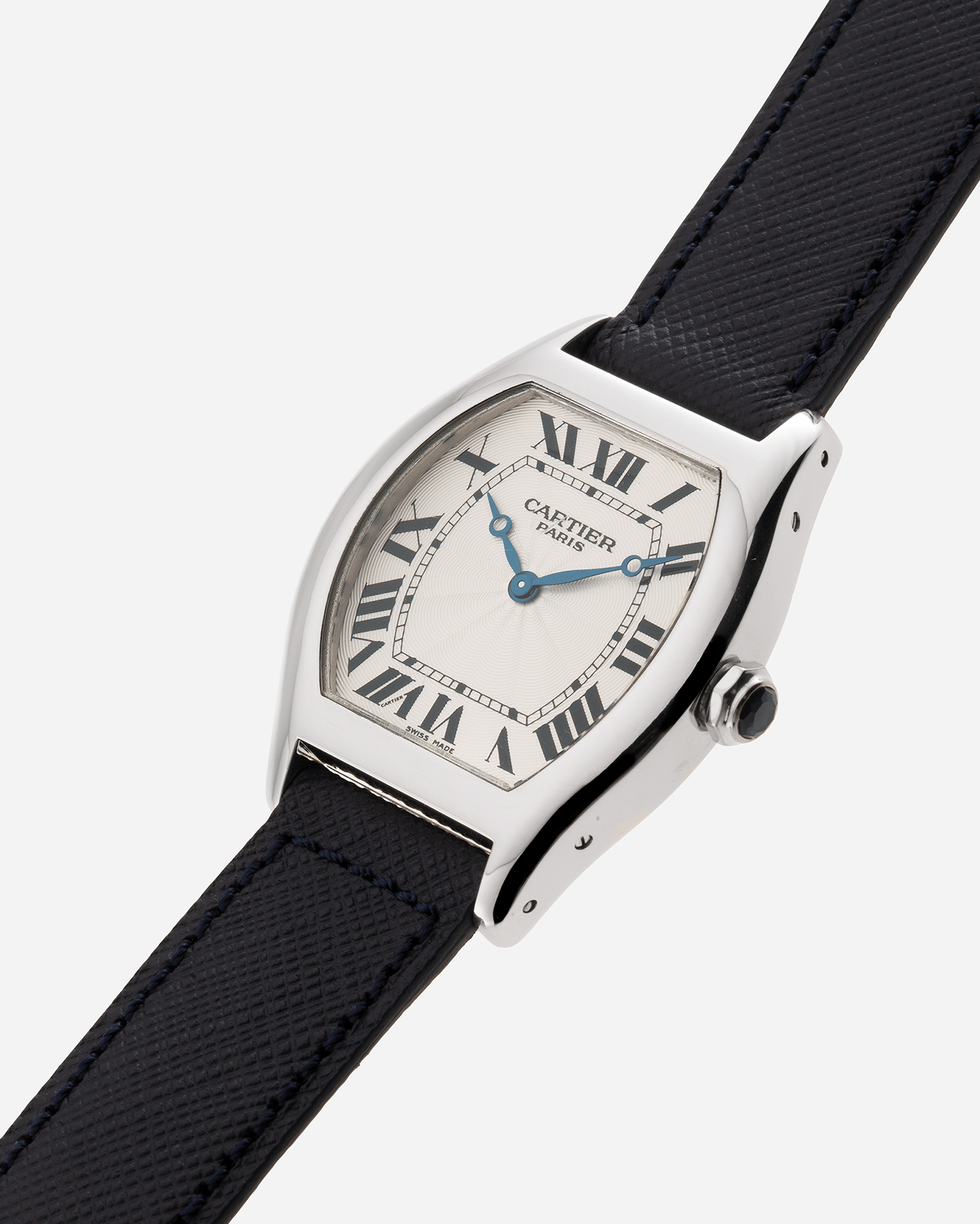 Brand: Cartier Year: 2000’s Model: CPCP Collection Prive Tortue Reference: 2518 Material: Platinum Movement: Cartier Jaeger LeCoultre 9601MC Case Diameter: 43 x 35 mm Strap: Navy Blue Molequin Textured Calf Strap with 18k White Gold Deployant