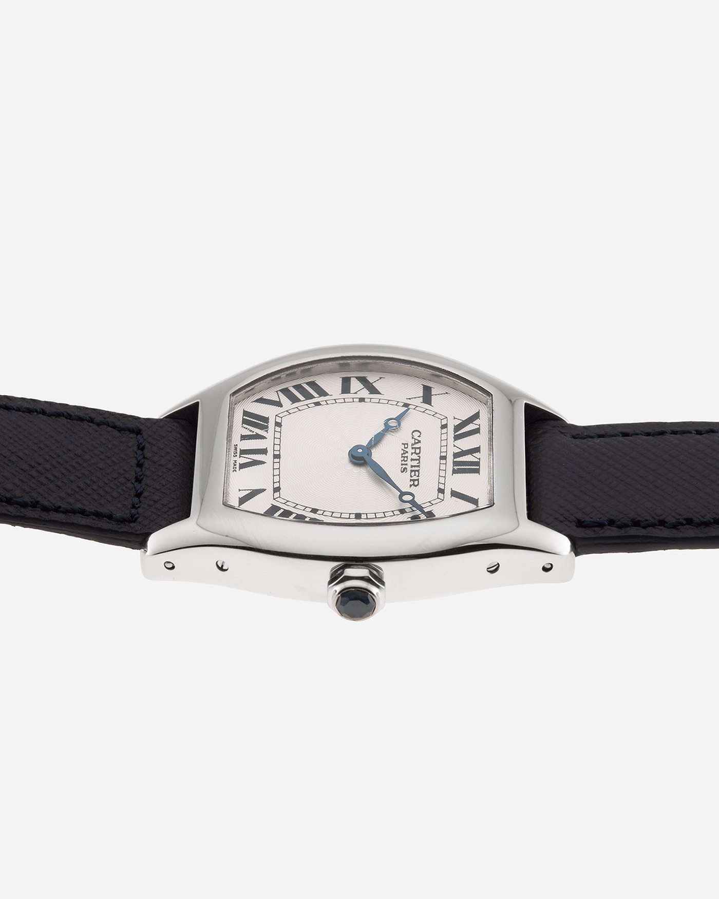 Brand: Cartier Year: 2000’s Model: CPCP Collection Prive Tortue Reference: 2518 Material: Platinum Movement: Cartier Jaeger LeCoultre 9601MC Case Diameter: 43 x 35 mm Strap: Navy Blue Molequin Textured Calf Strap with 18k White Gold Deployant