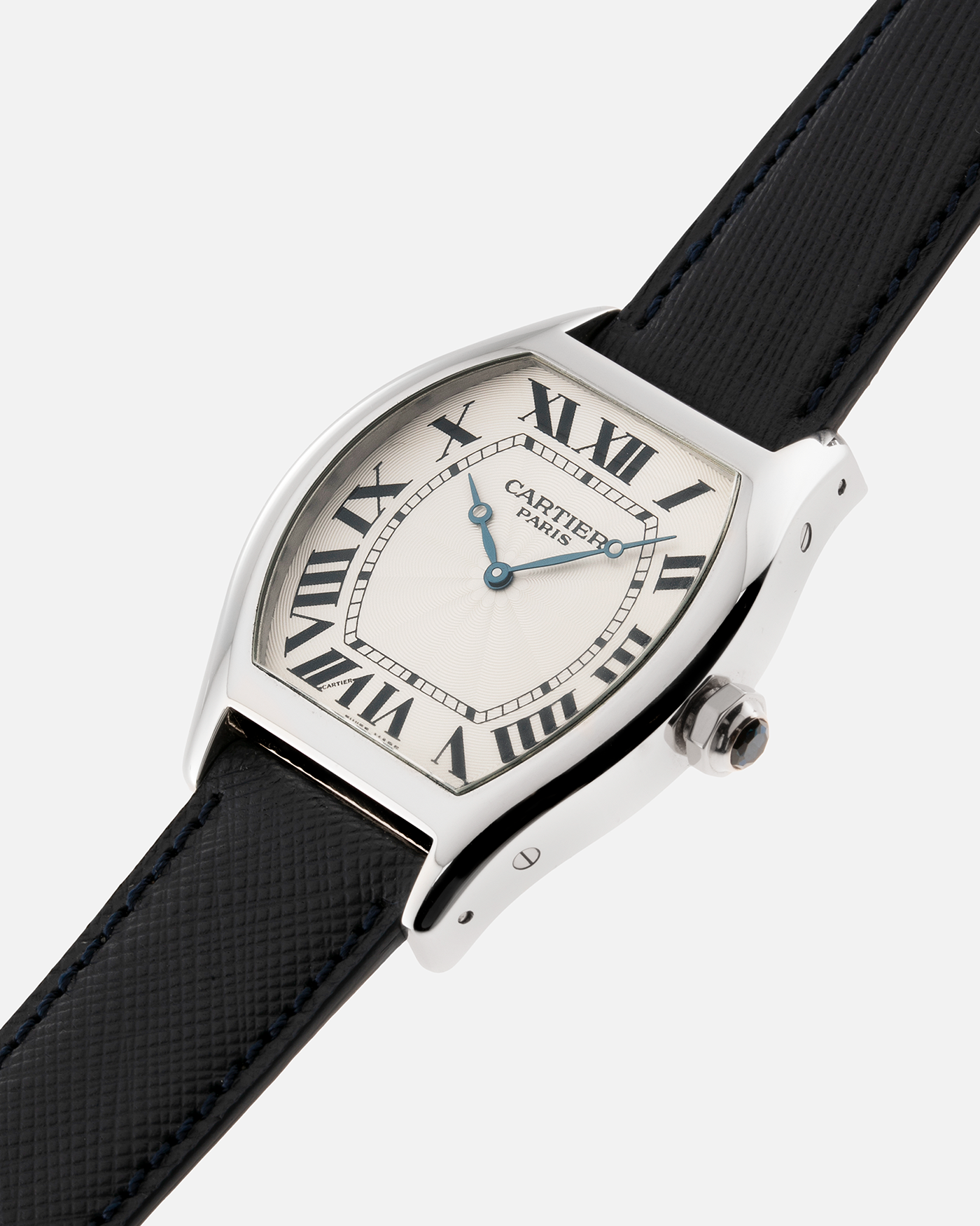 Brand: Cartier Year: 2011 Model: CPCP Collection Prive Tortue XL Reference: 2764 Material: Platinum Movement: Cartier Jaeger LeCoultre 9601MC Case Diameter: 48mm X 38mm including lugs Strap: Navy Blue Molequin Textured Calf Strap with 18k White Gold Deployant