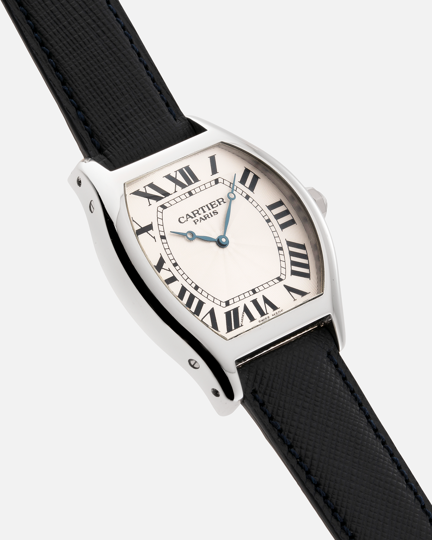 Brand: Cartier Year: 2011 Model: CPCP Collection Prive Tortue XL Reference: 2764 Material: Platinum Movement: Cartier Jaeger LeCoultre 9601MC Case Diameter: 48mm X 38mm including lugs Strap: Navy Blue Molequin Textured Calf Strap with 18k White Gold Deployant