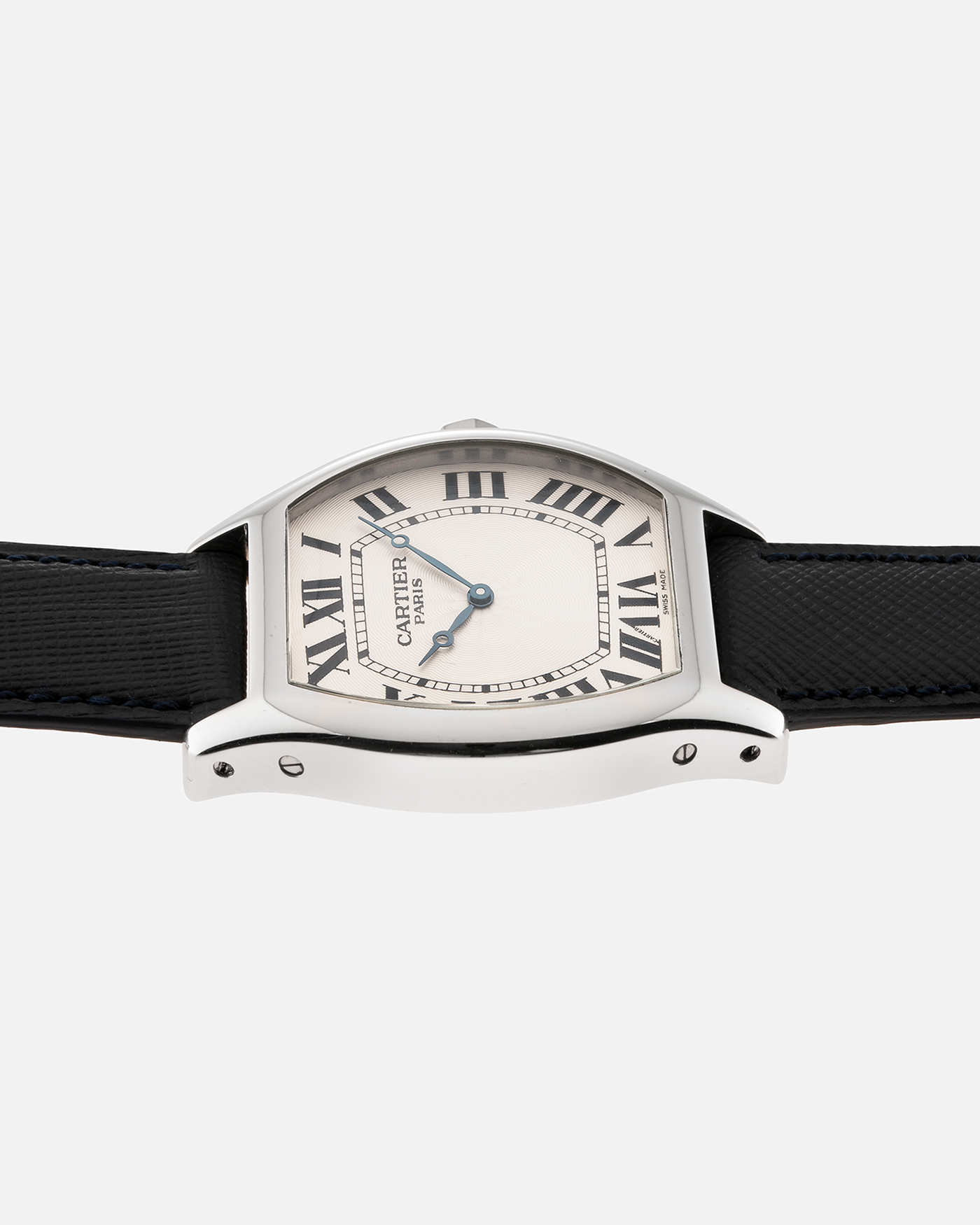 Brand: Cartier Year: 2011 Model: CPCP Collection Prive Tortue XL Reference: 2764 Material: Platinum Movement: Cartier Jaeger LeCoultre 9601MC Case Diameter: 48mm X 38mm including lugs Strap: Navy Blue Molequin Textured Calf Strap with 18k White Gold Deployant