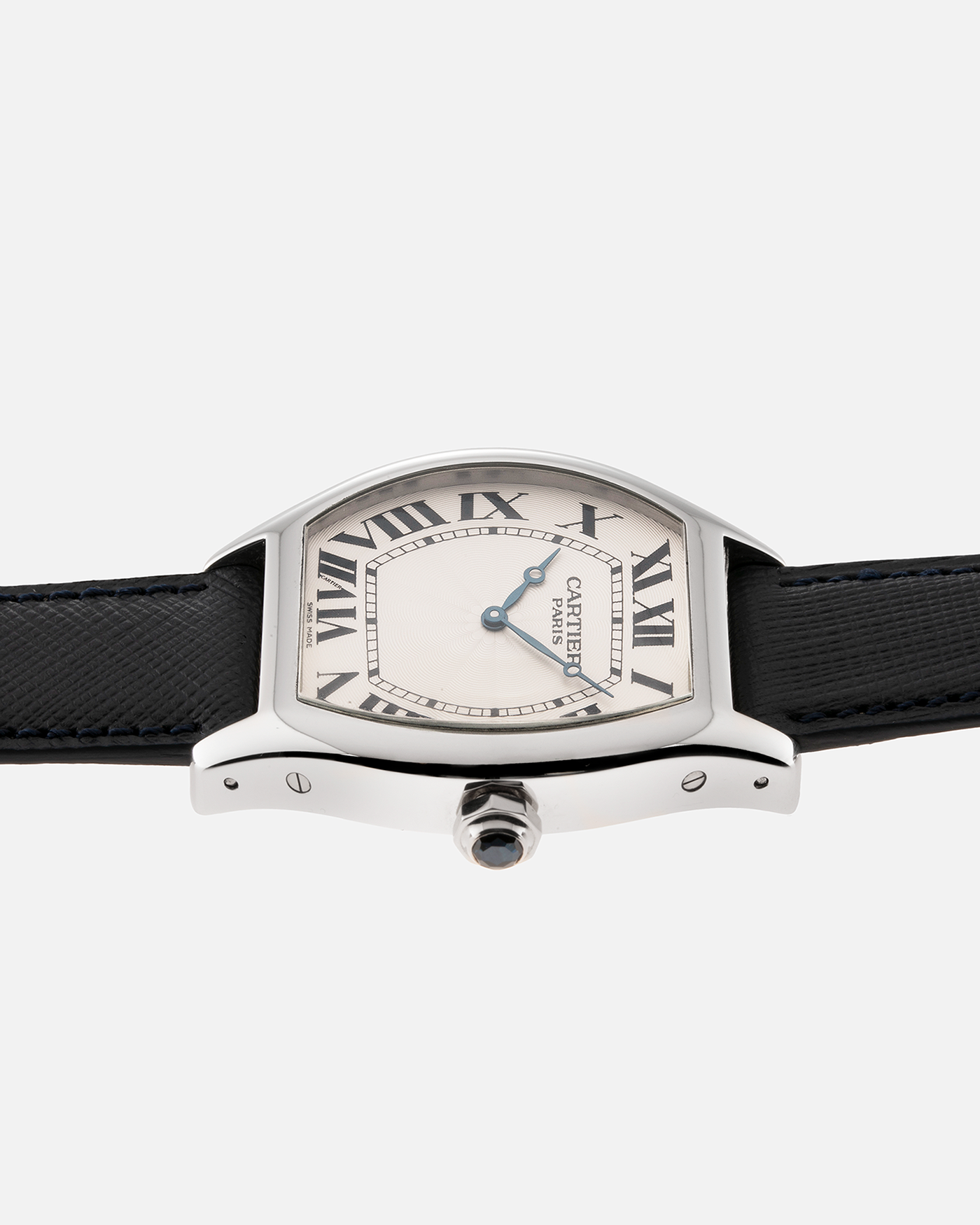 Brand: Cartier Year: 2011 Model: CPCP Collection Prive Tortue XL Reference: 2764 Material: Platinum Movement: Cartier Jaeger LeCoultre 9601MC Case Diameter: 48mm X 38mm including lugs Strap: Navy Blue Molequin Textured Calf Strap with 18k White Gold Deployant
