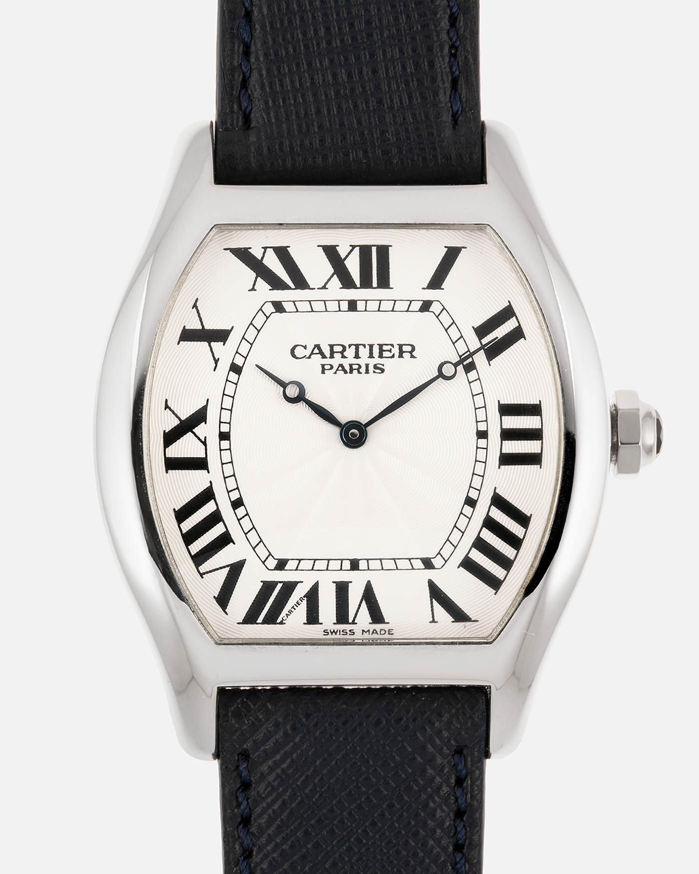 Brand: Cartier Year: 2011 Model: CPCP Collection Prive Tortue XL Reference: 2764 Material: Platinum Movement: Cartier Jaeger LeCoultre 9601MC Case Diameter: 48mm X 38mm including lugs Strap: Navy Blue Molequin Textured Calf Strap with 18k White Gold Deployant