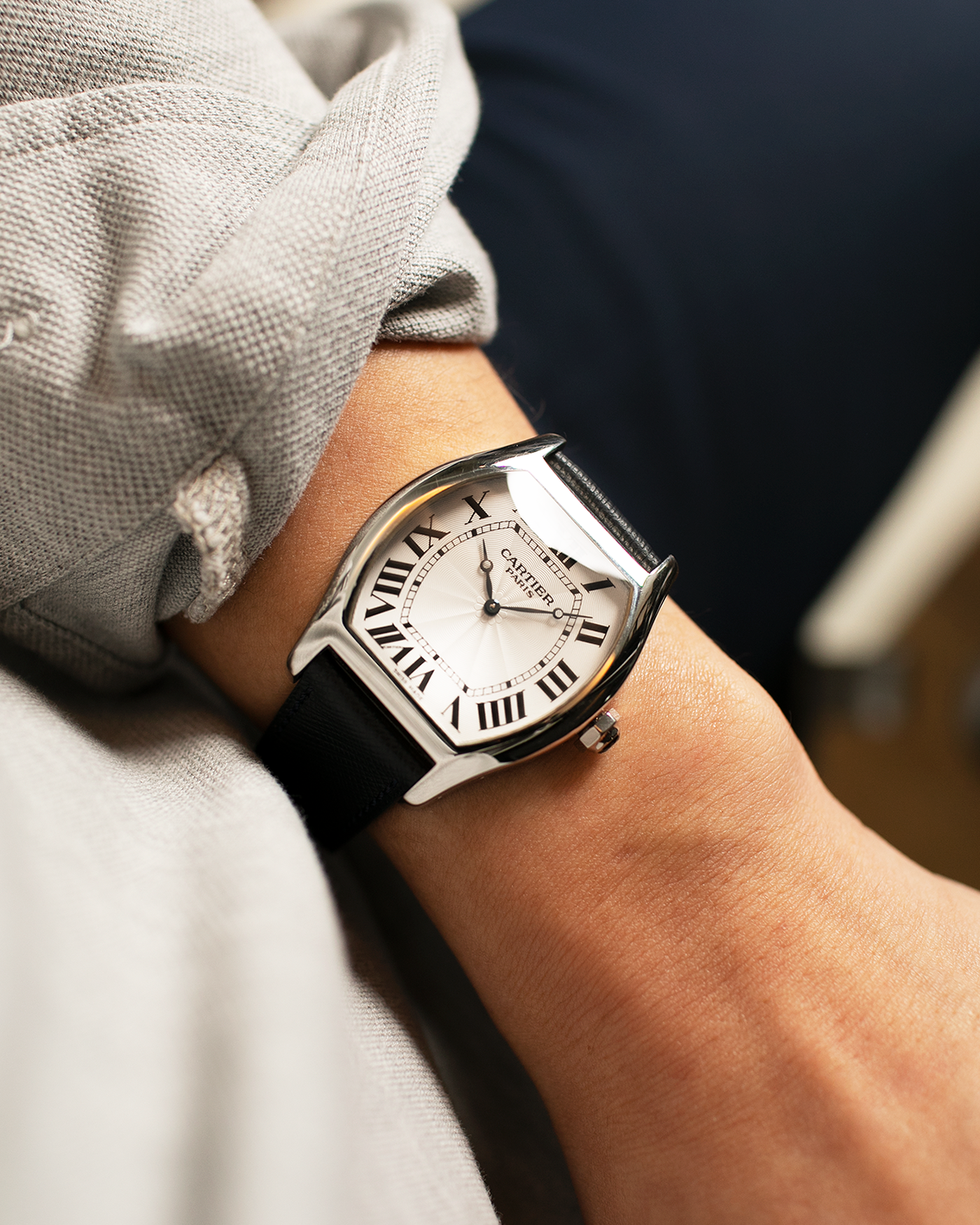 Brand: Cartier Year: 2011 Model: CPCP Collection Prive Tortue XL Reference: 2764 Material: Platinum Movement: Cartier Jaeger LeCoultre 9601MC Case Diameter: 48mm X 38mm including lugs Strap: Navy Blue Molequin Textured Calf Strap with 18k White Gold Deployant
